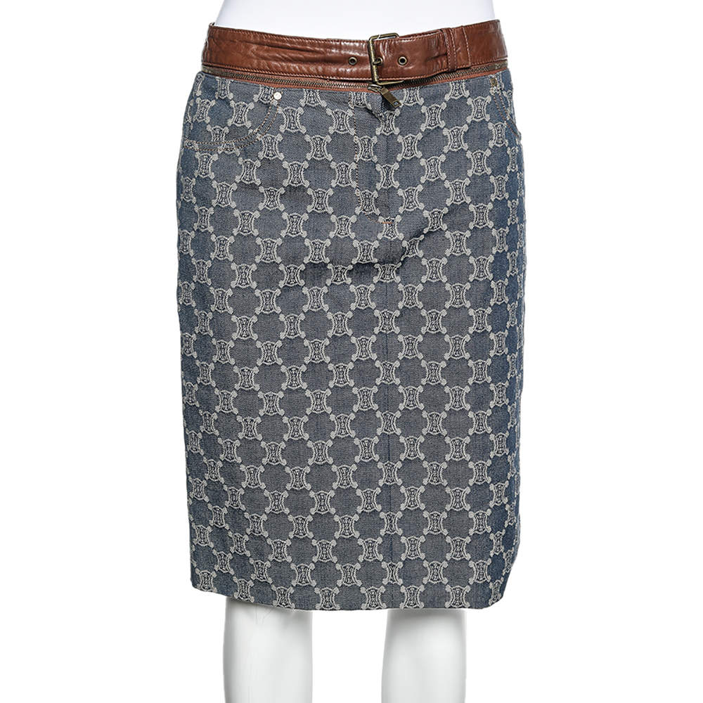 Celine Indigo Macadam Denim Detachable Leather Belt Skirt M