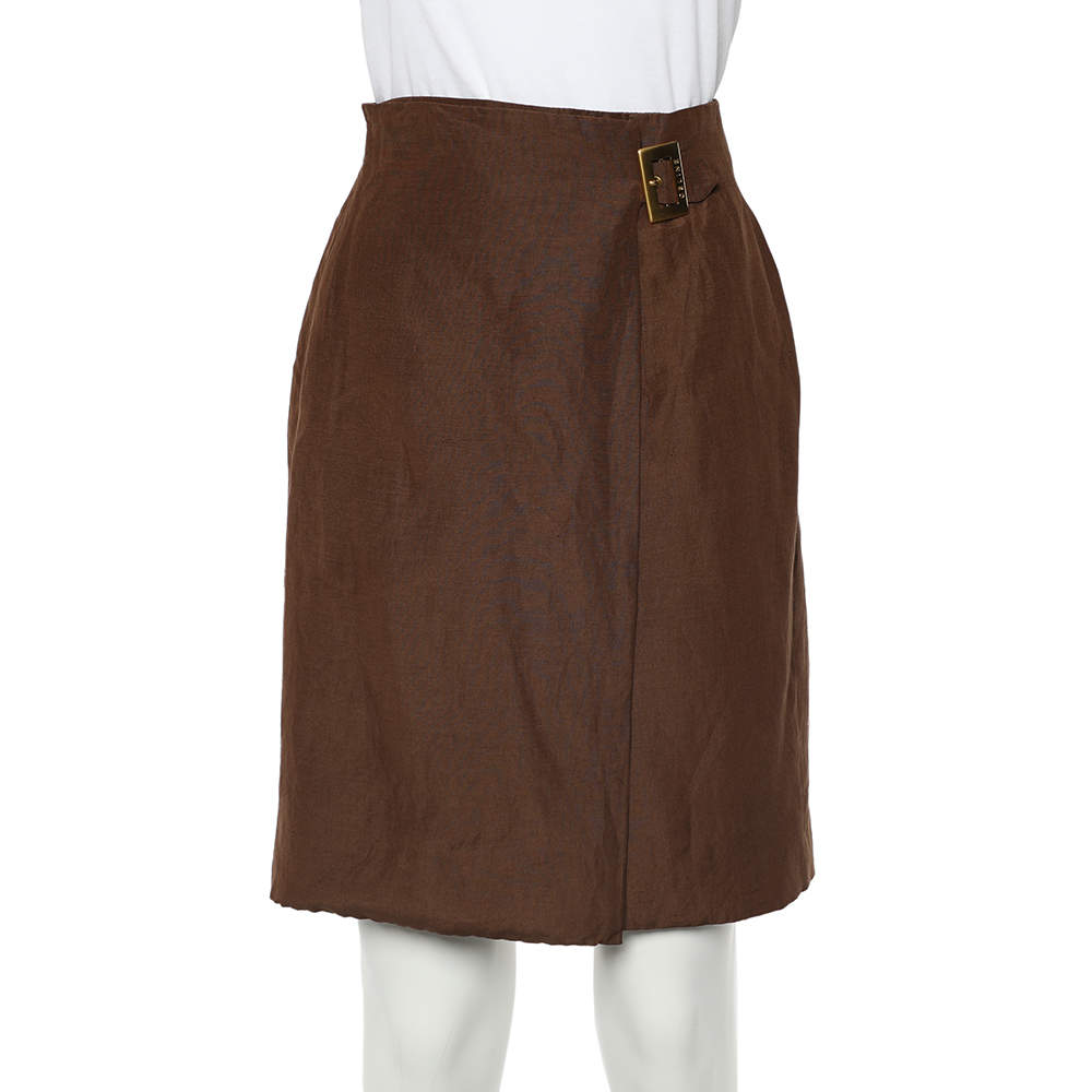 Celine Vintage Brown Linen & Silk Faux Wrap Skirt L