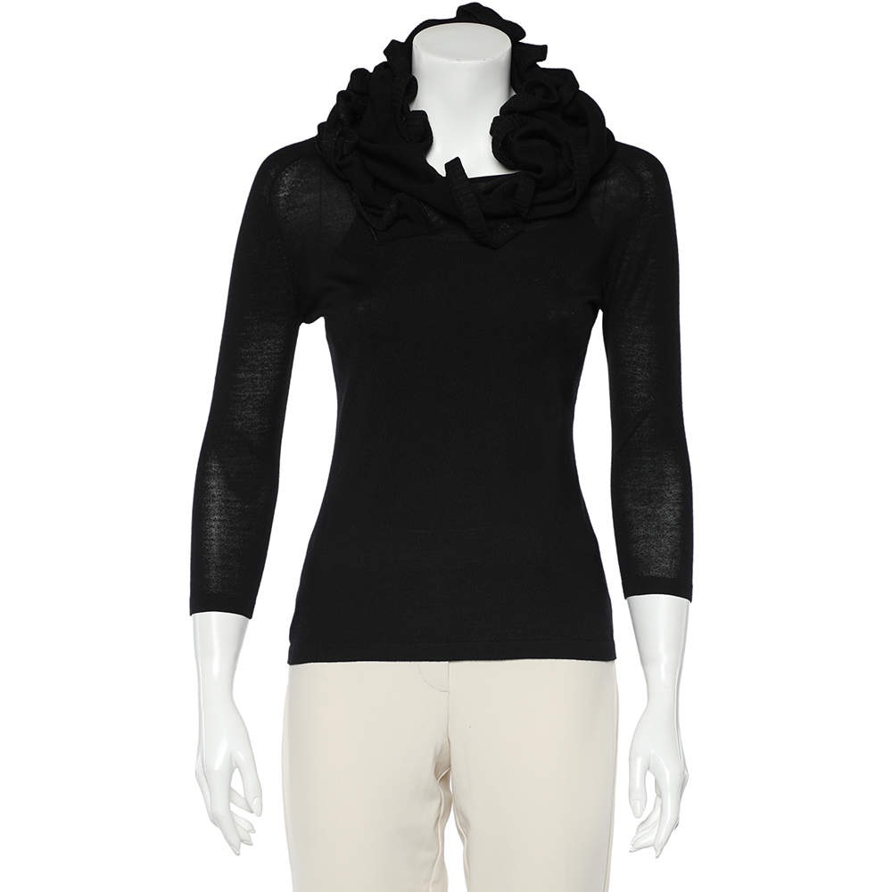Pre Owned Celine Black Wool Knit Ruffled Structured Neck Detail Top S