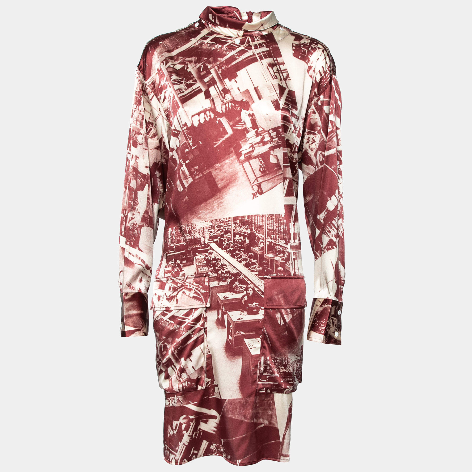 Pre Owned Celine Red Printed Silk Pocketed Dress L