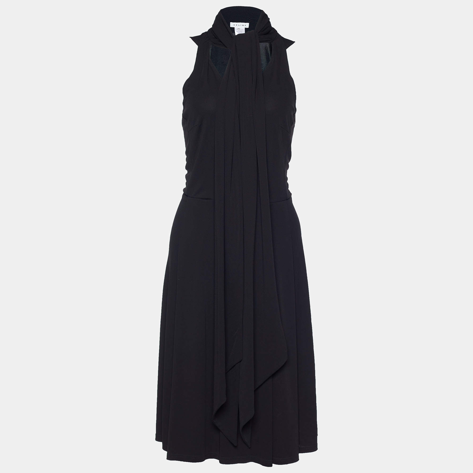 Celine Black Stretch Crepe Neck Tie Detail Sleeveless Dress L