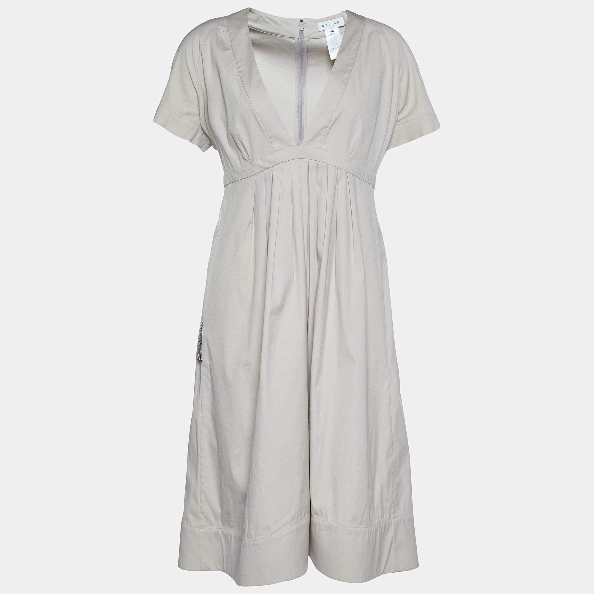 مملوكة مسبقًا Celine Light Beige Cotton Pleat Detailed Plunge Neck Dress XL