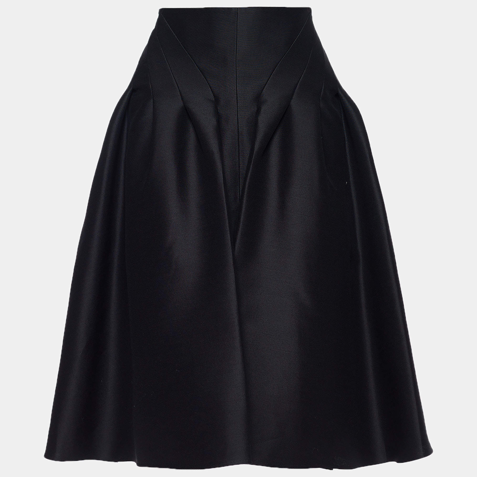 Celine Black Wool Pleat Detailed Knee Length Skirt L