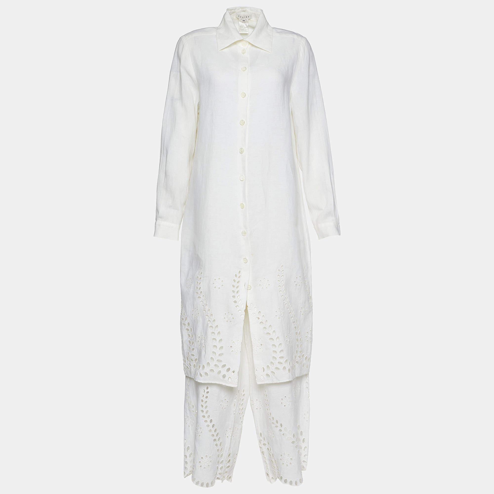 Celine Off White Linen Eyelet Patterned Button Front Tunic & Pant Set L 