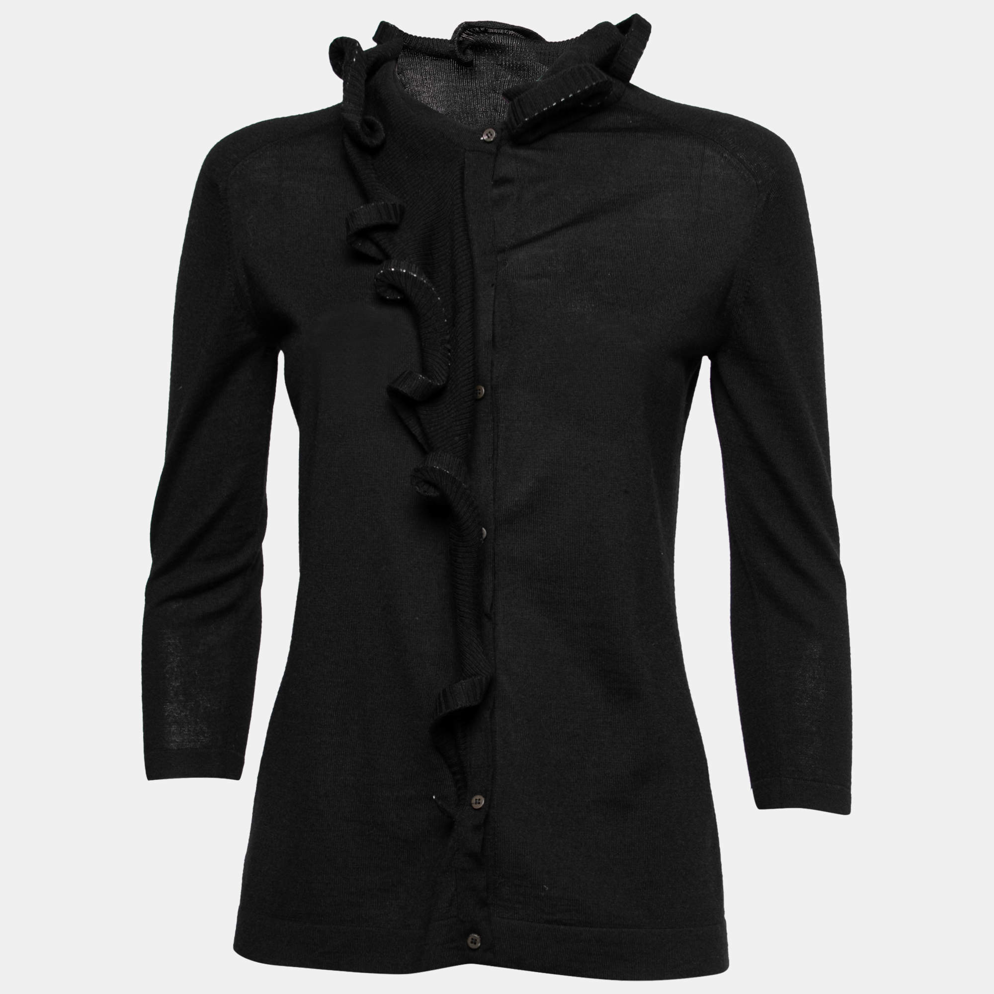 Pre Owned Celine Grey Wool Ruffled Asymmetric Neckline Detail Button Front Cardigan M