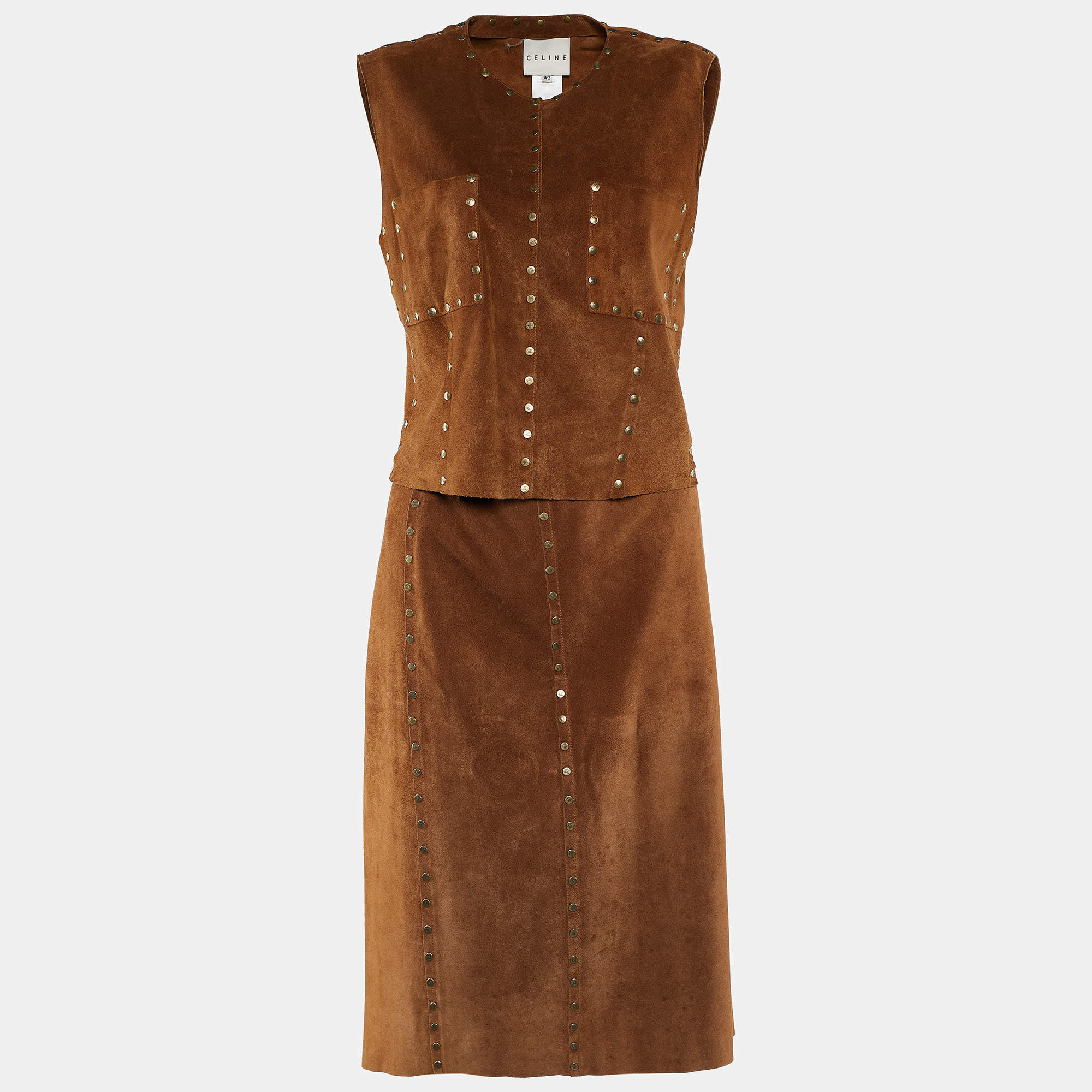 Pre Owned Celine Brown Suede Studded Waist Coat & Skirt Set M