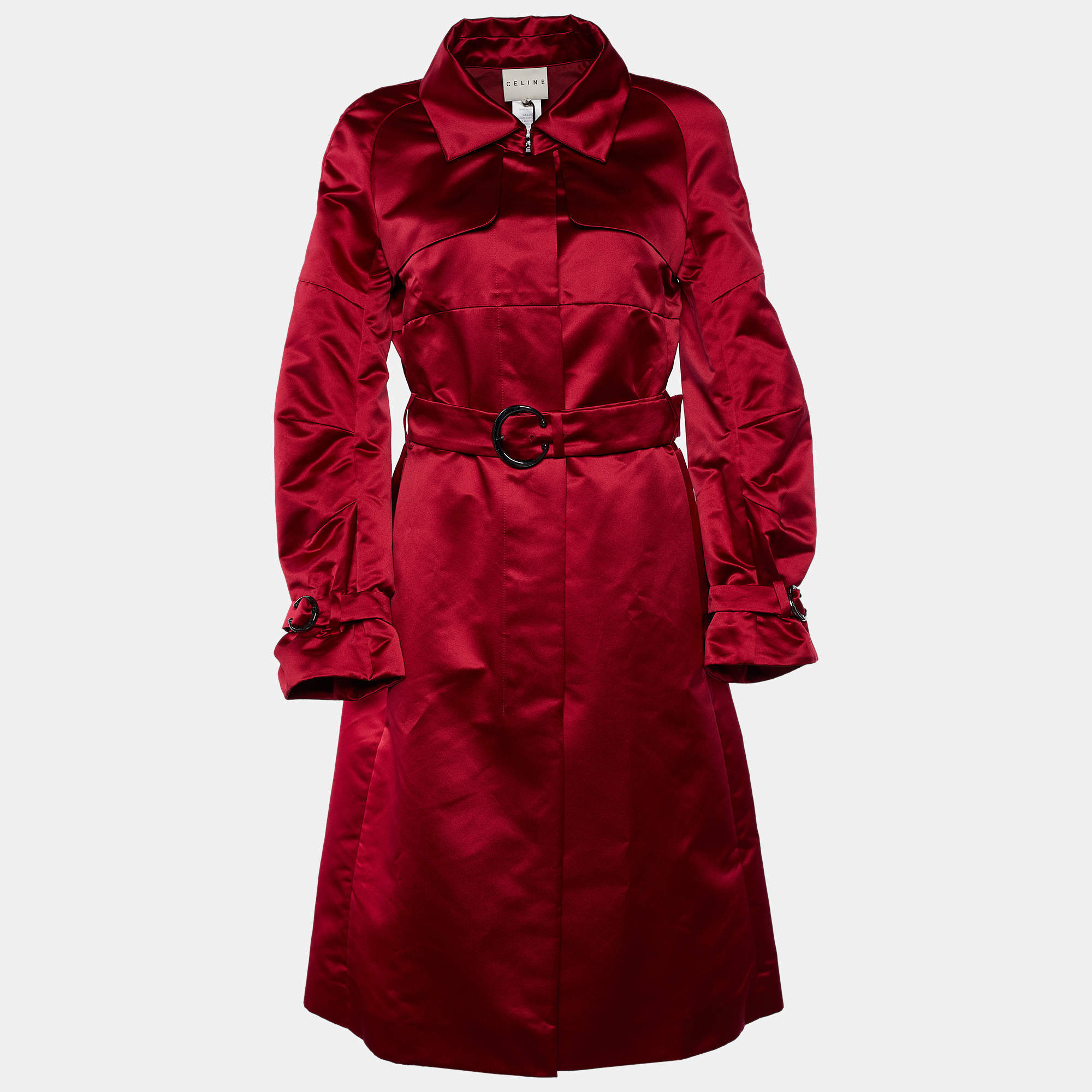 Celine Wine Red Satin Belted Mid Length Coat M