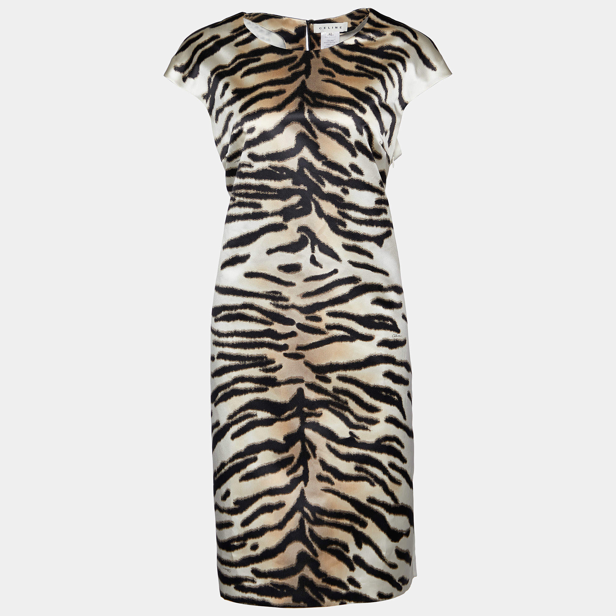 Pre Owned Céline Monochrome Animal Print Satin Sheath Dress L