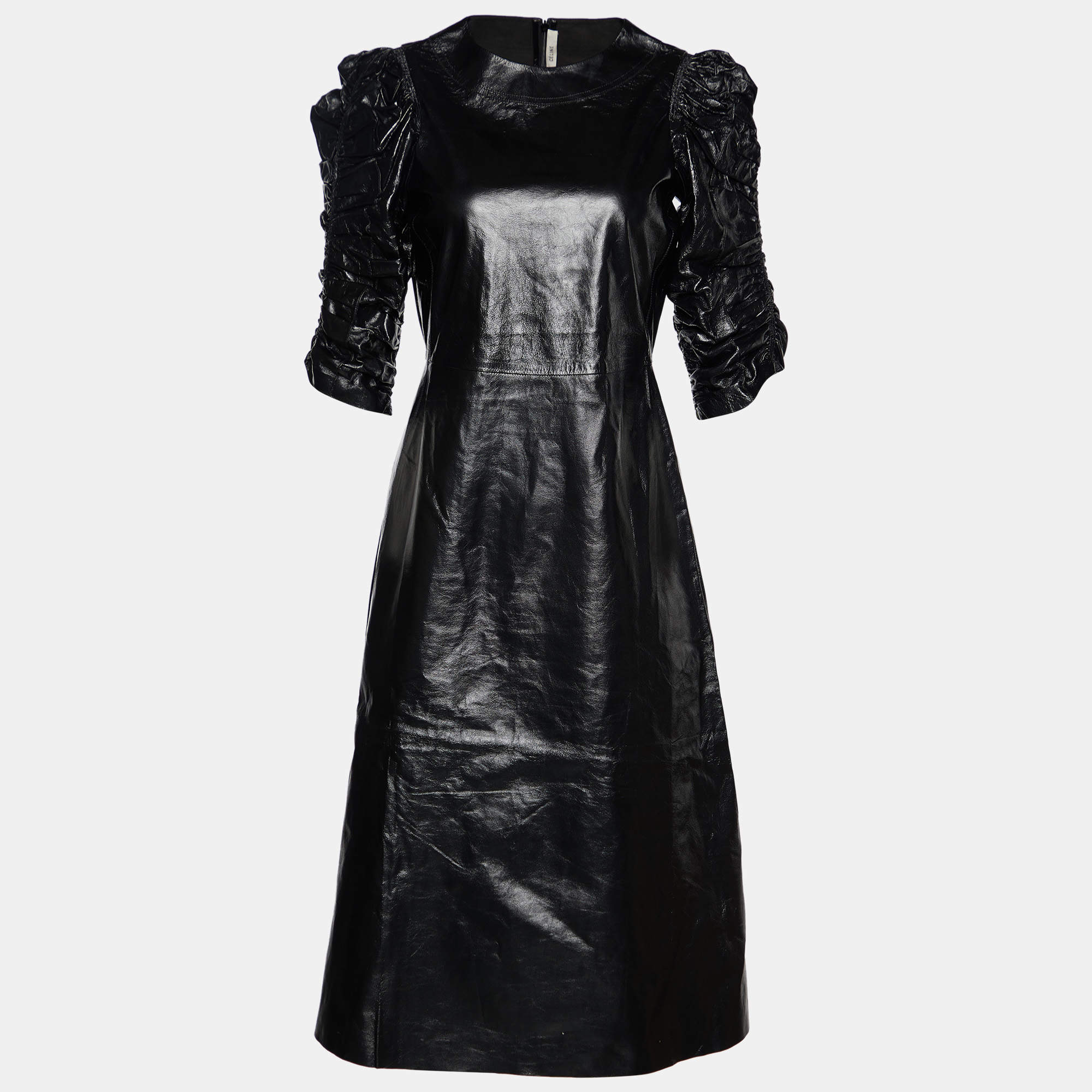 Pre Owned Celine Black Leather Ruched Sleeve Midi Dress S