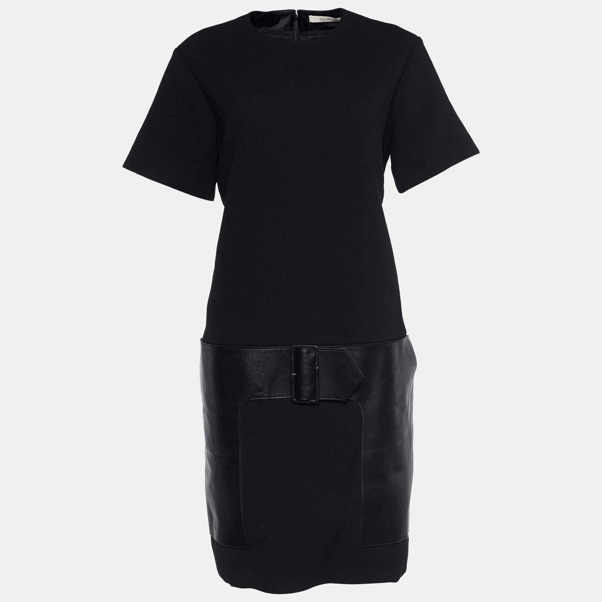 Celine Black Crepe Wool Leather Detail Shift Dress M