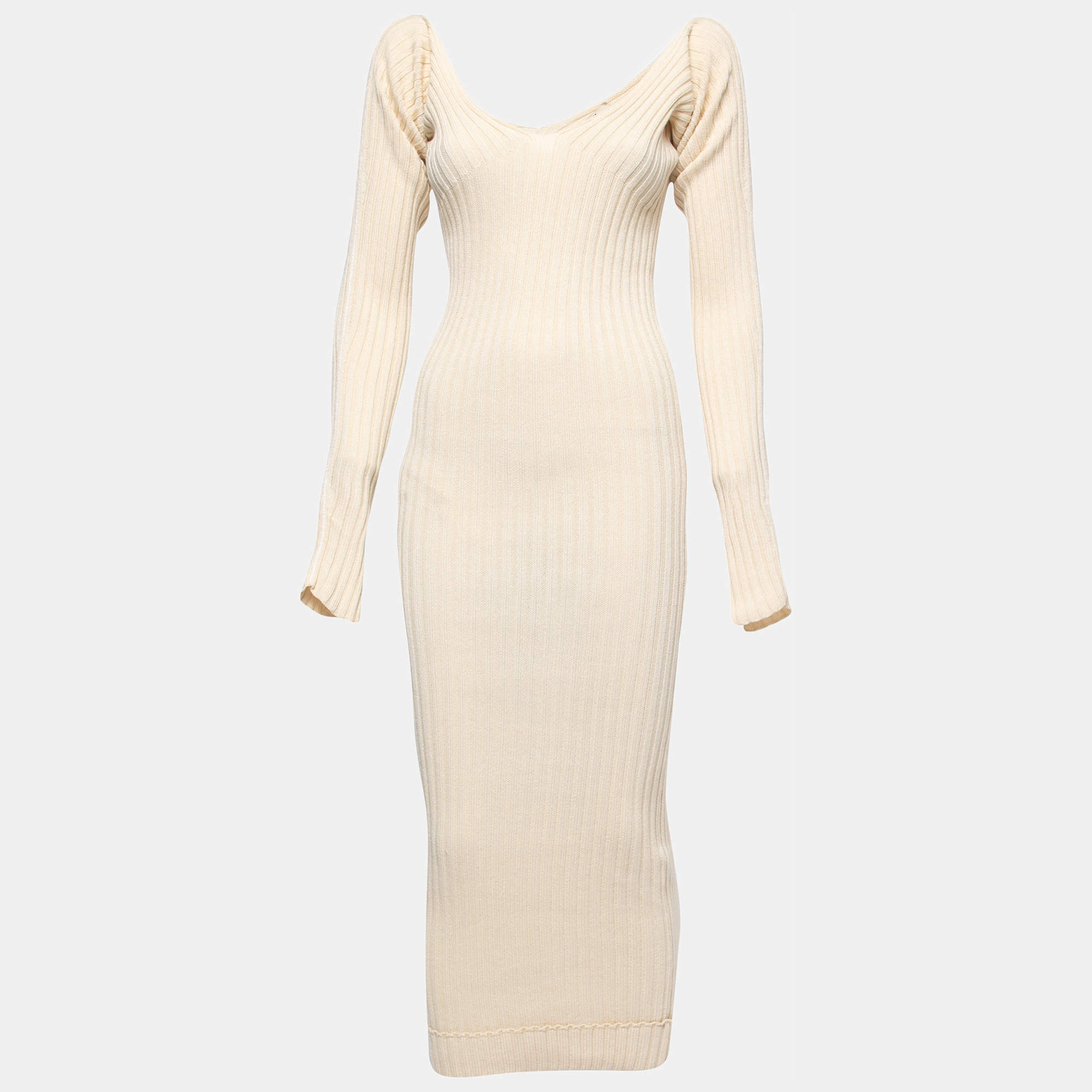 Pre Owned Celine Cream Ribbed Knit Long Bodycon Dress S