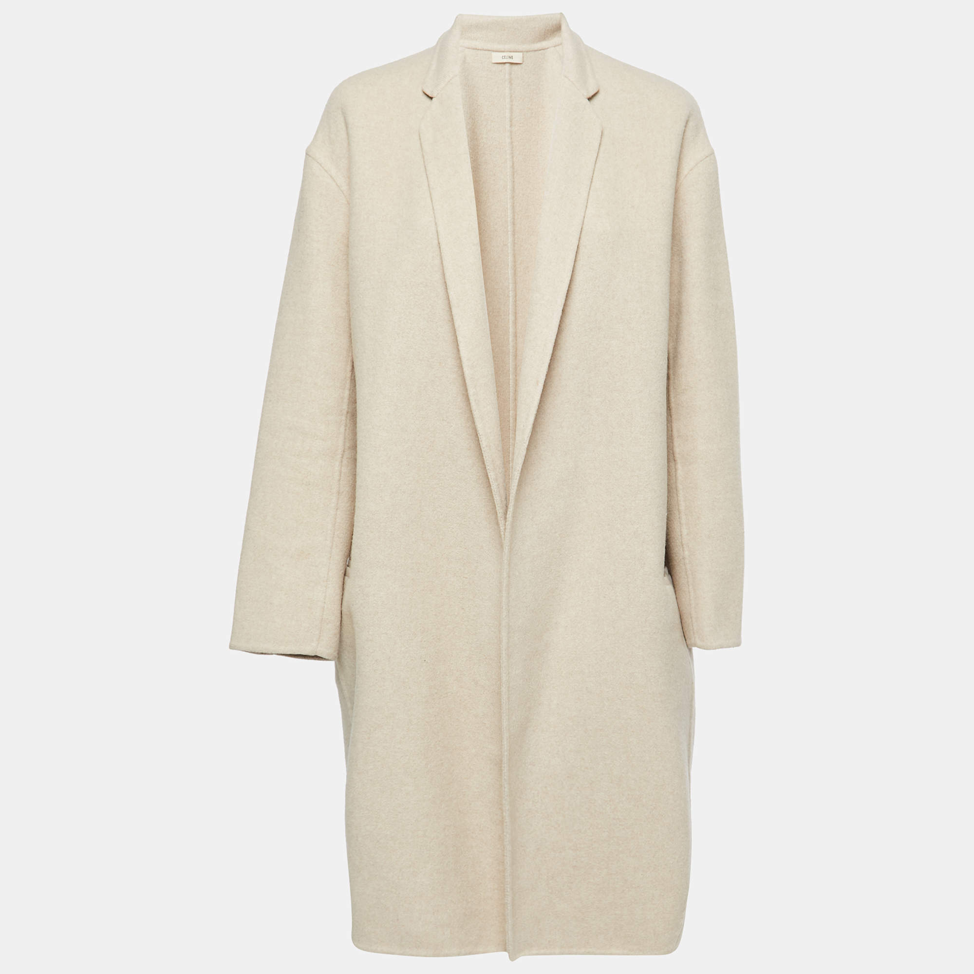 Celine Beige Cashmere Open Front Long Coat M