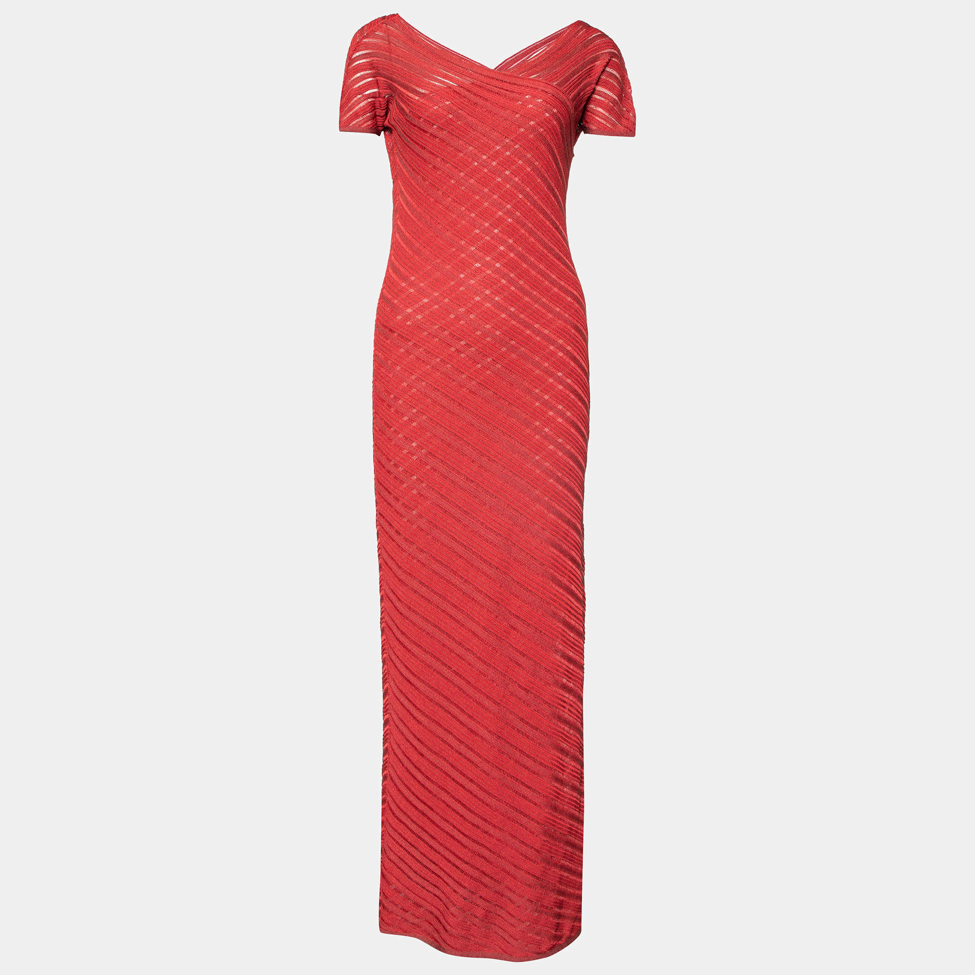 Pre Owned Celine Red Perforated Knit Maxi Dress M