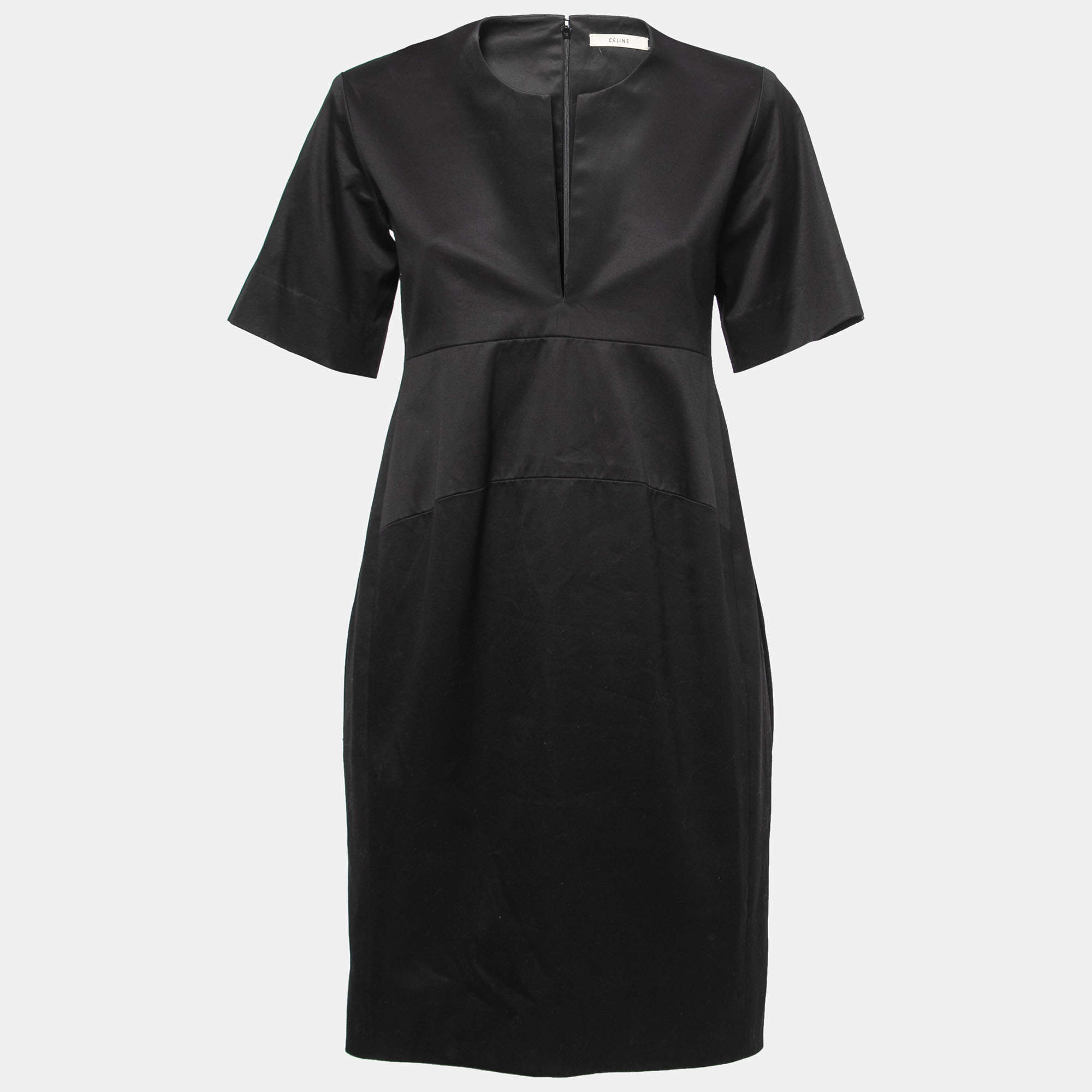 Pre Owned Celine Black Cotton Plunge Neck Midi Dress S