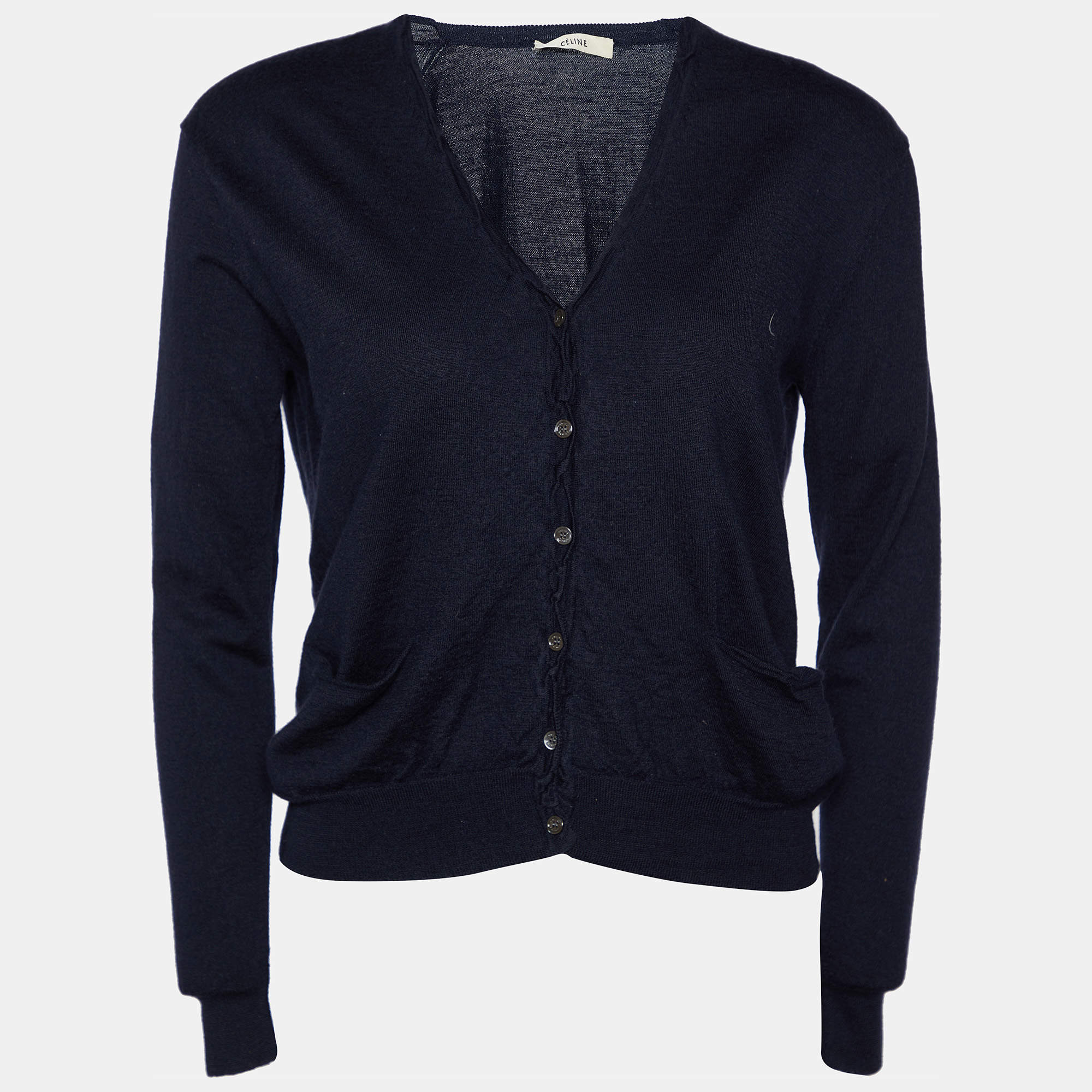 Pre Owned Celine Navy Blue Wool & Silk Knit Button Front Cardigan S