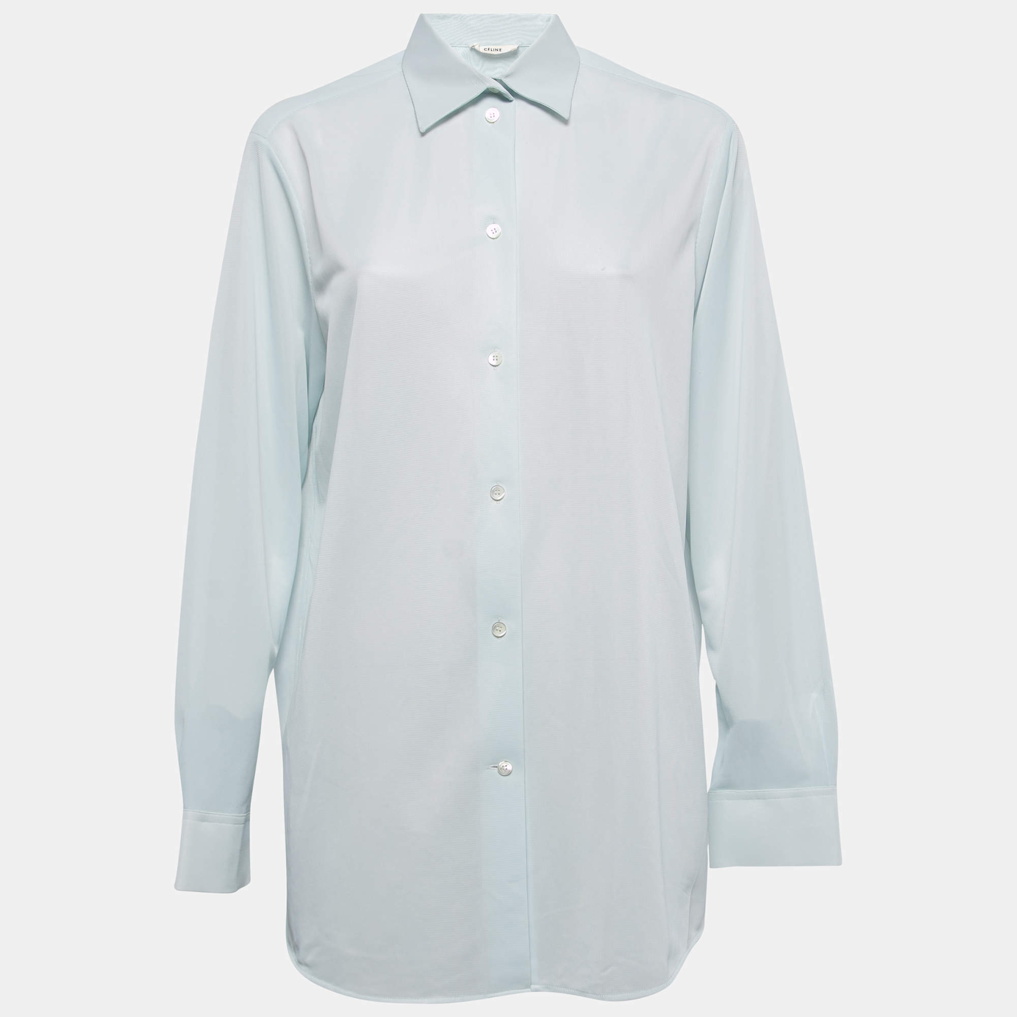 Pre Owned Celine Light Blue Synthetic Button Front Full Sleeve Shirt M