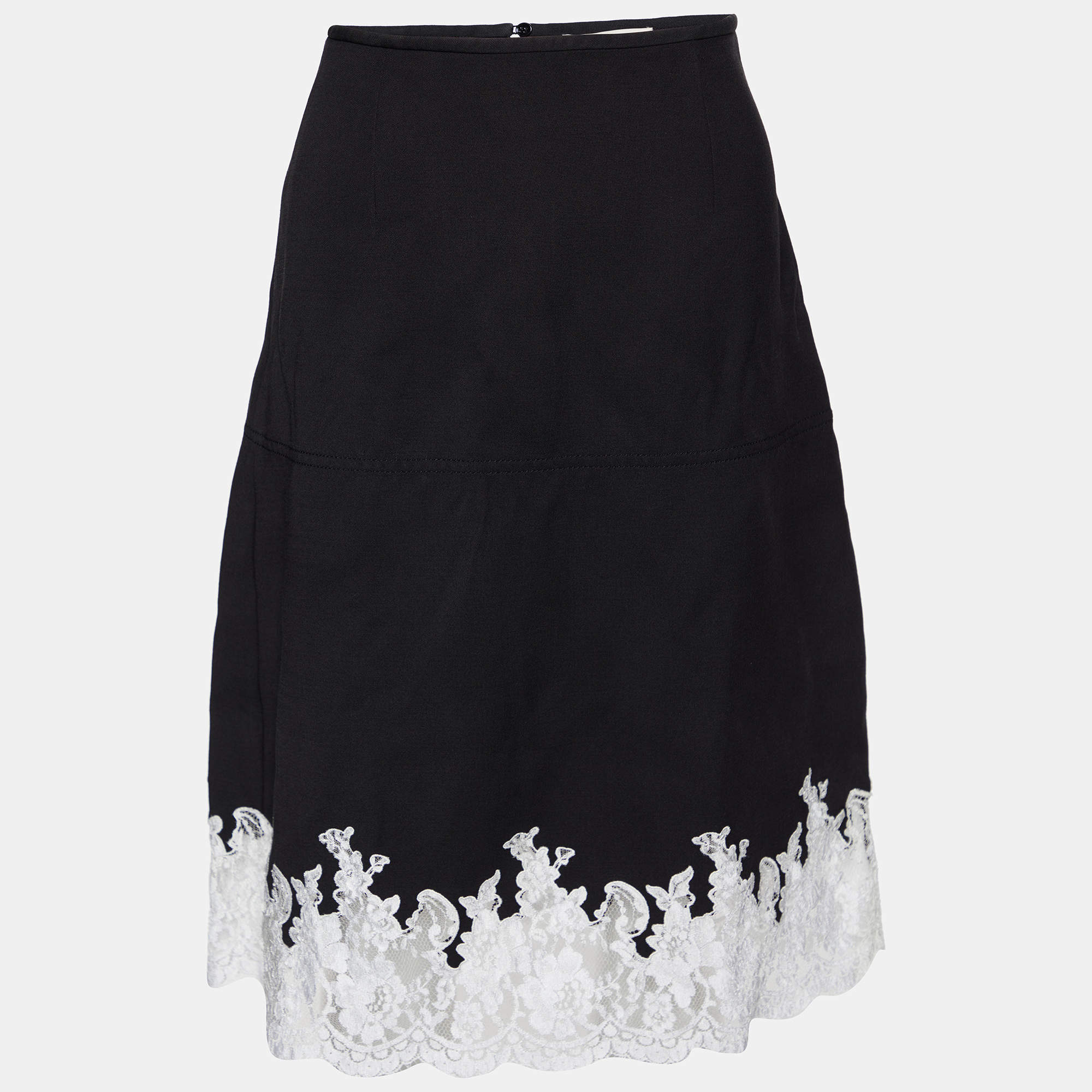 Celine Black Wool Lace Hem Midi Skirt S