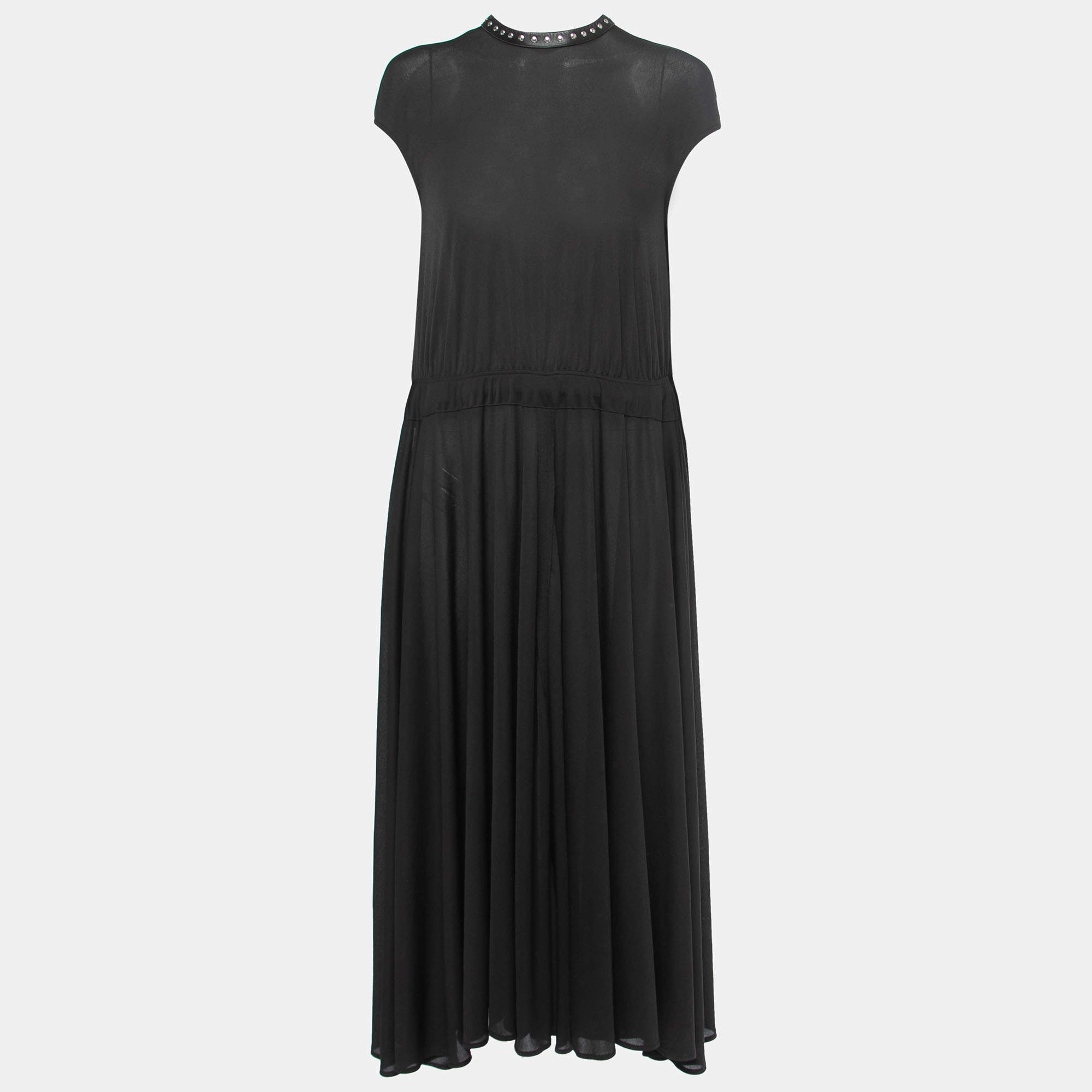 Celine Black Jersey Studded Leather Trimmed Sleeveless Flared Maxi Dress M