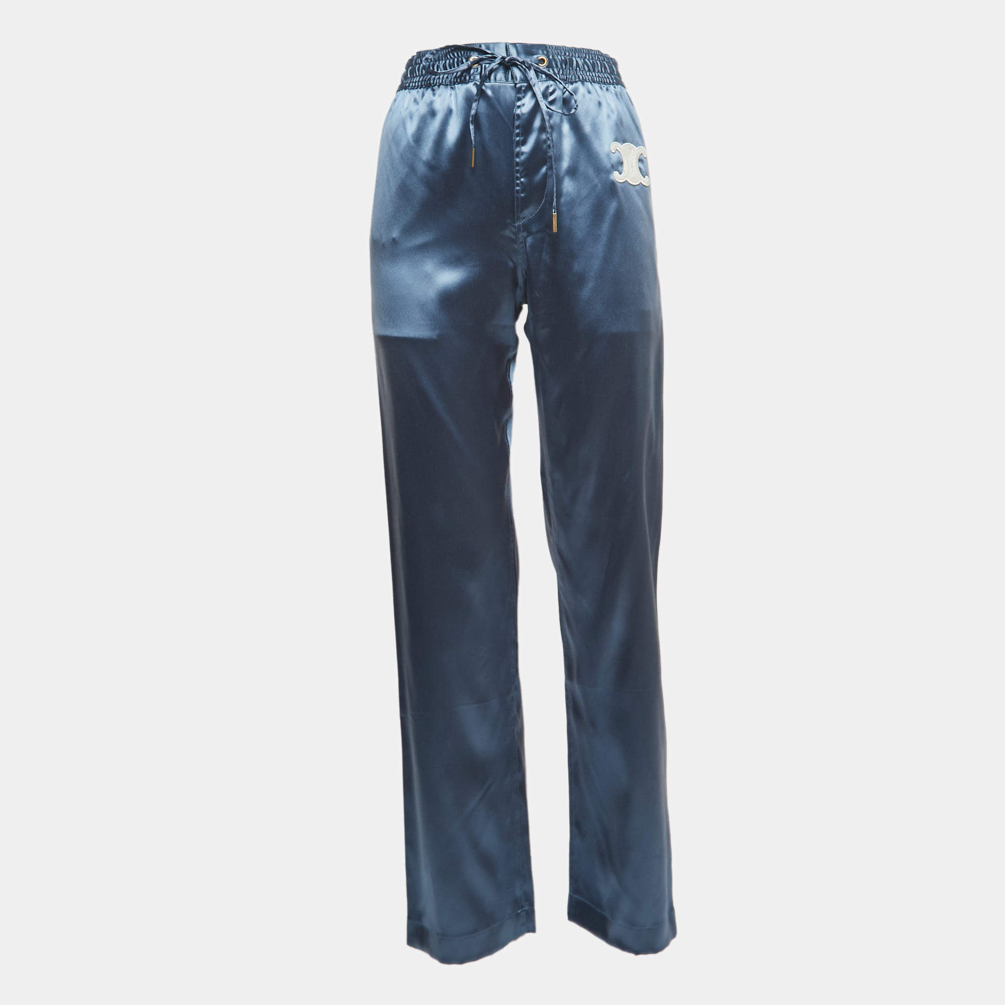 Pre Owned Celine Blue Logo Embroidered Satin Drawstring Wide Leg Pants S