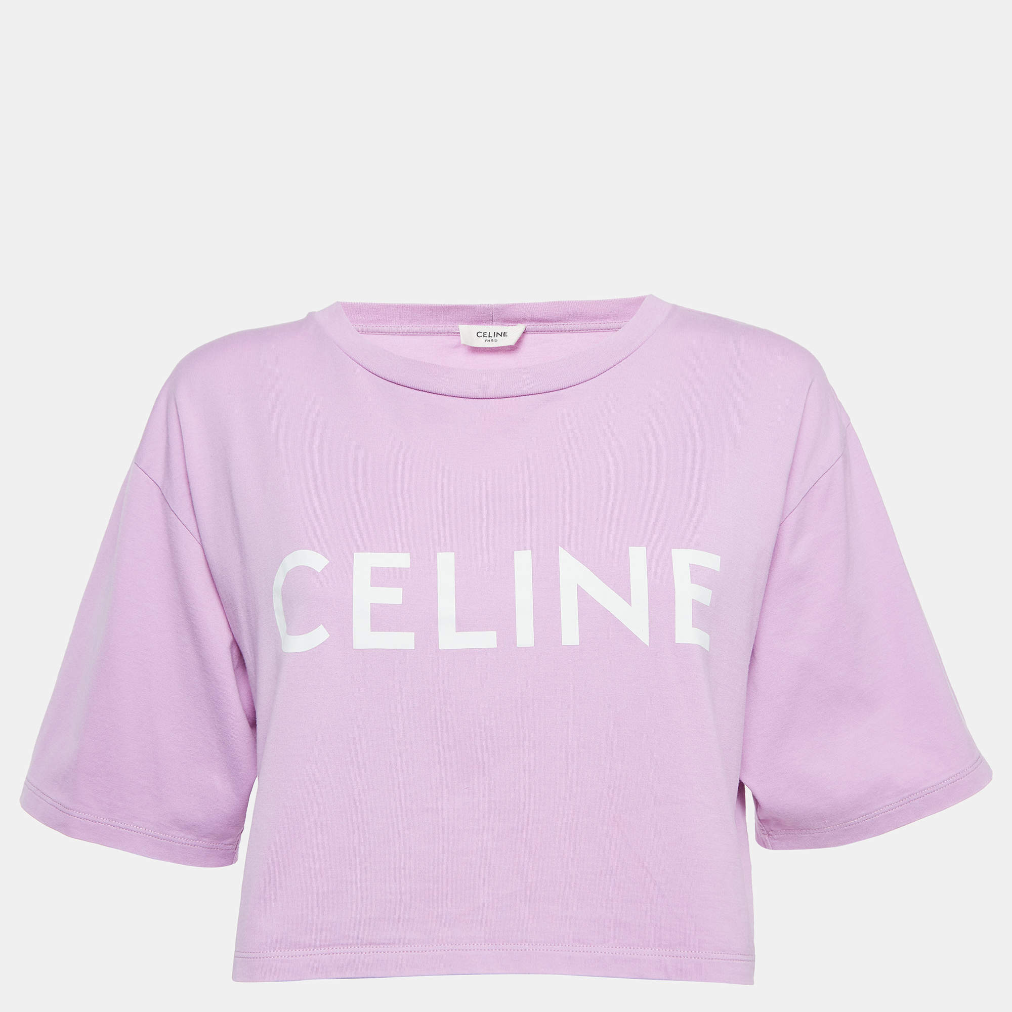 Celine Purple Logo Print Cotton Crop T-Shirt M