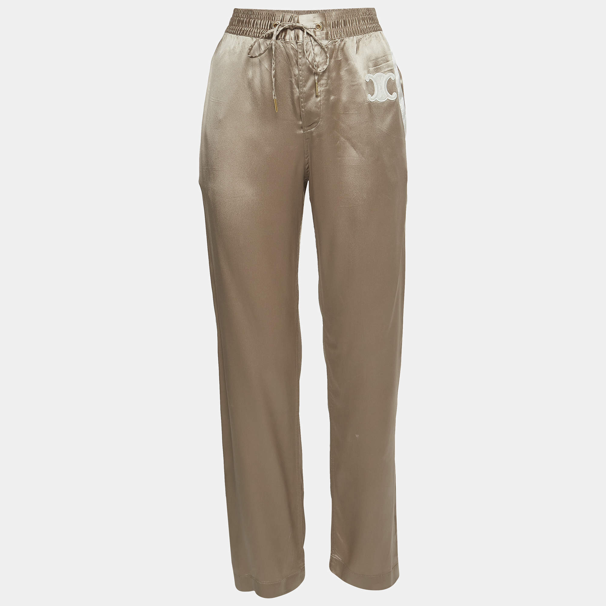 Pre Owned Celine Beige Logo Applique Satin Athletic Pants S