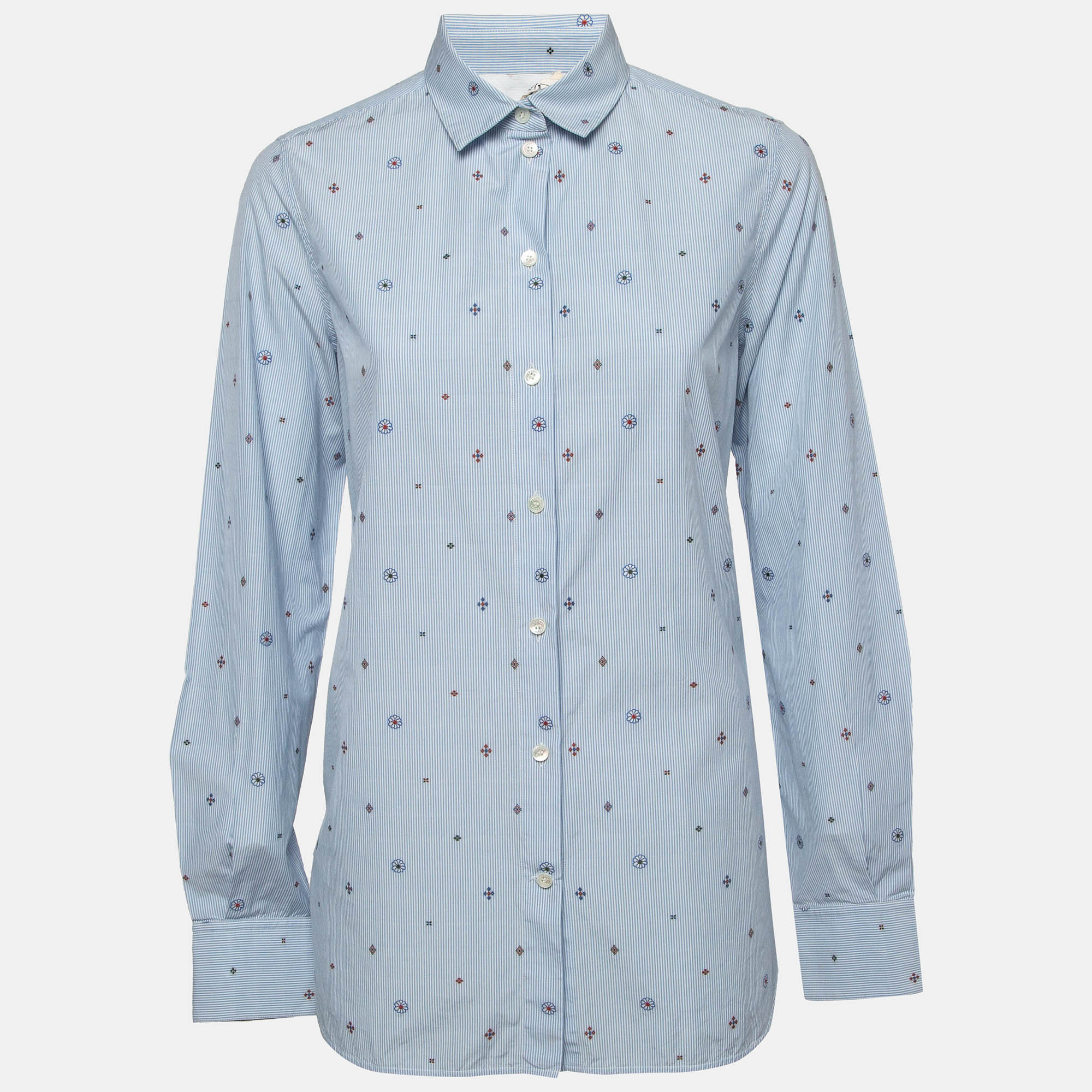Celine Blue Pinstripe Patterned Cotton Buttoned Up Shirt L