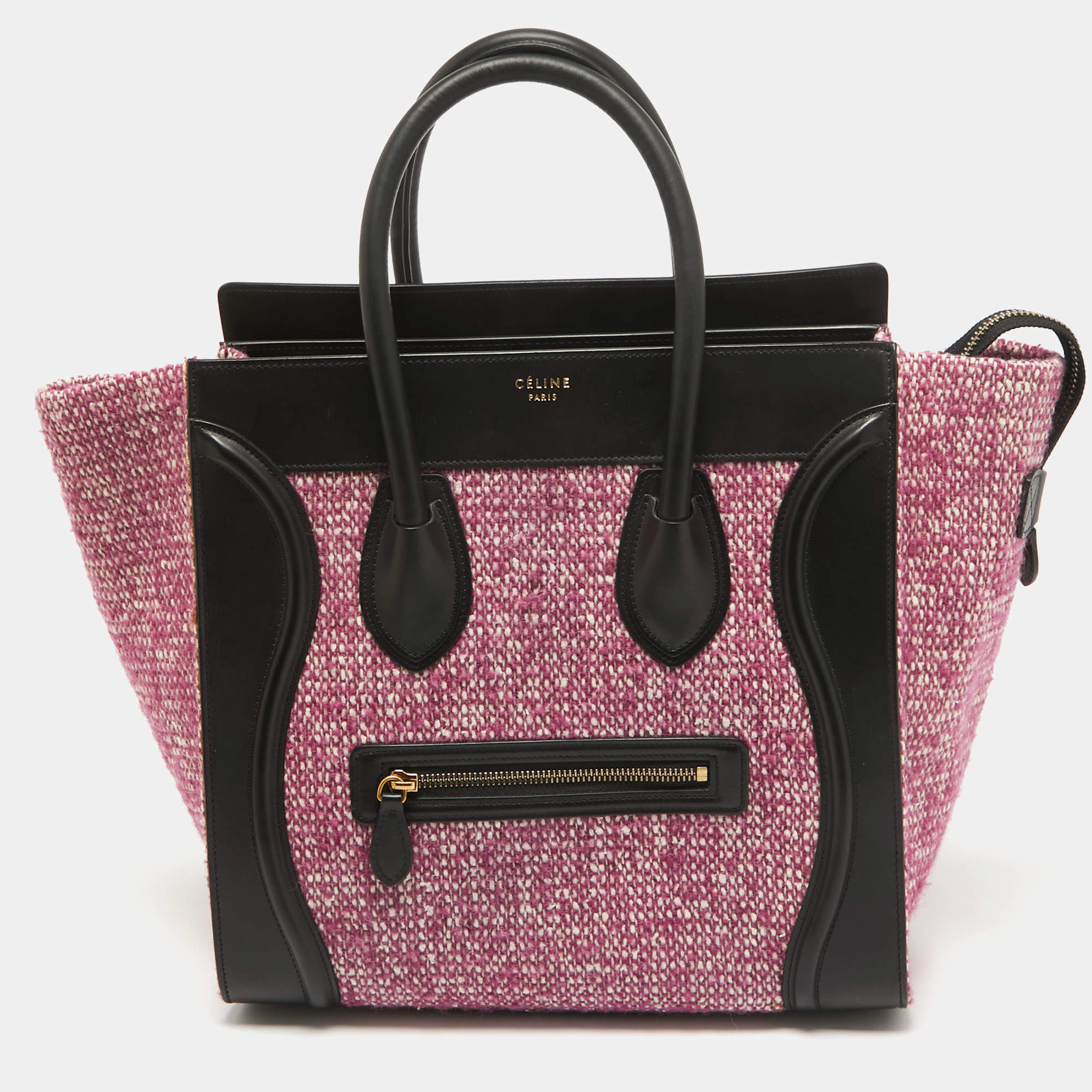 Pre Owned Celine Black/Fuchsia Knit Fabric and Leather Mini Luggage Tote
