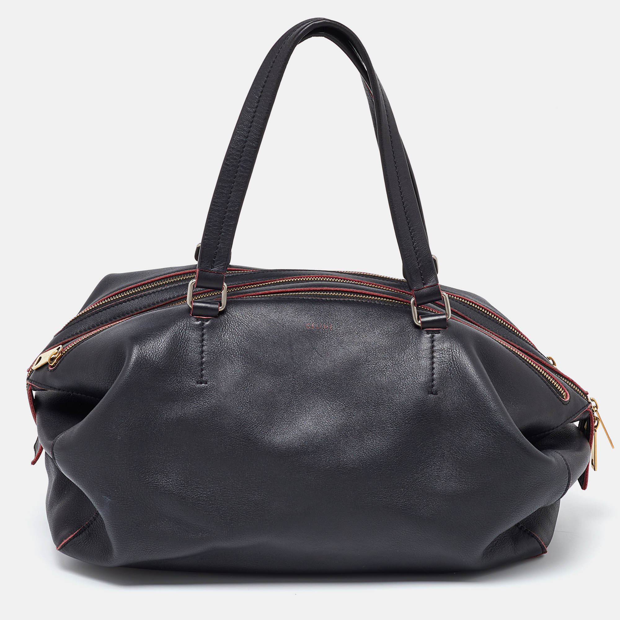 Celine Black Leather Zip Boston Bag
