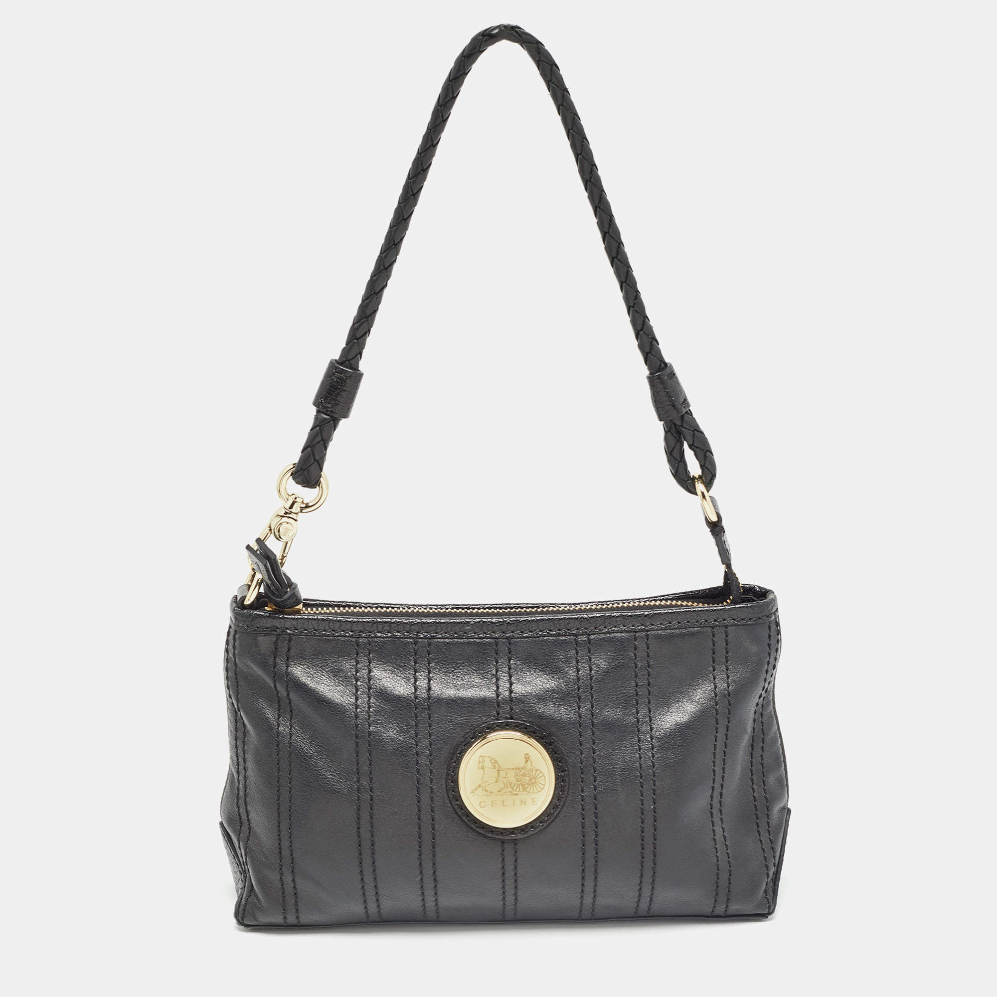 Pre Owned Celine Black Leather Carriage Plate Pochette Bag