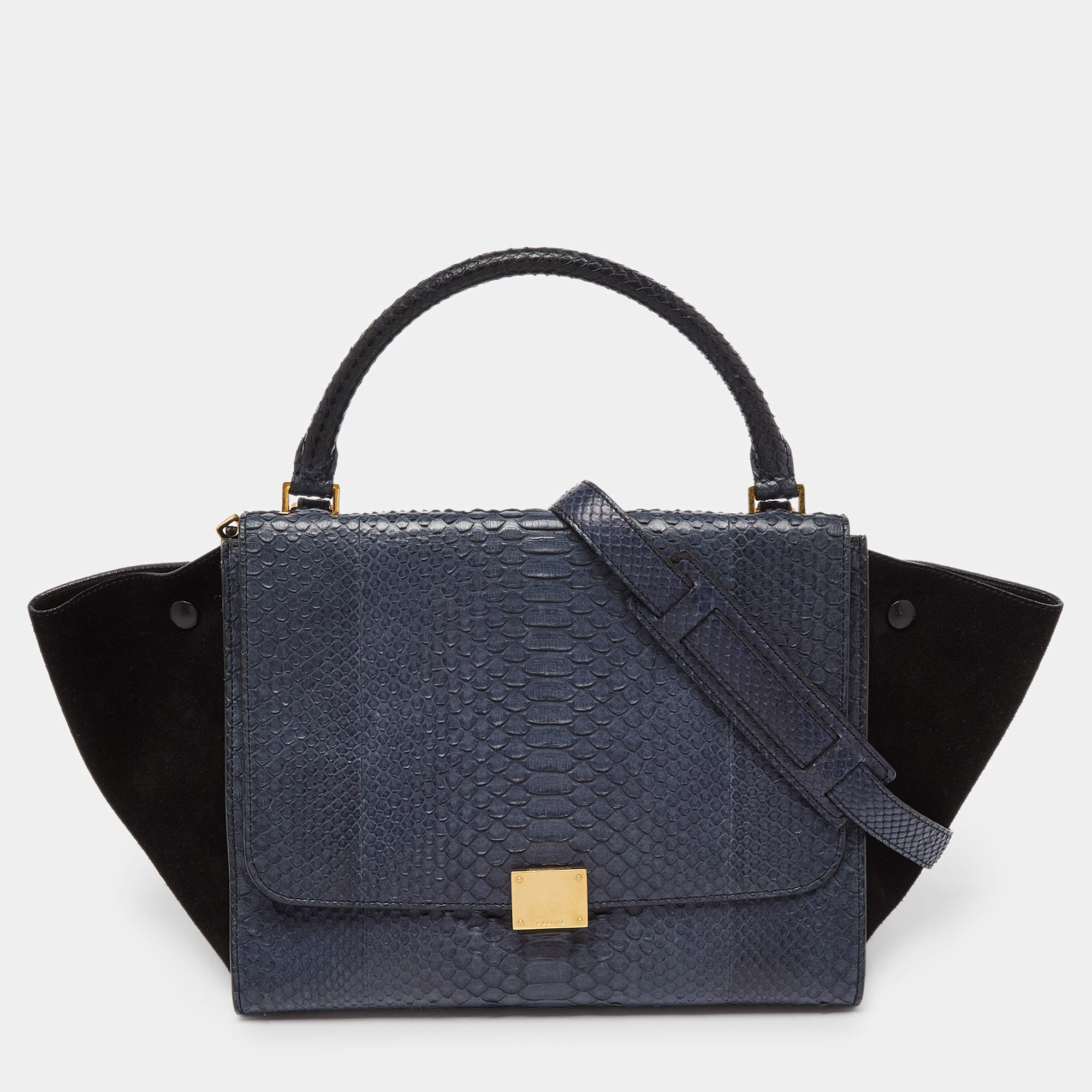 Pre Owned Celine Blue/Black Python and Suede Medium Trapeze Bag