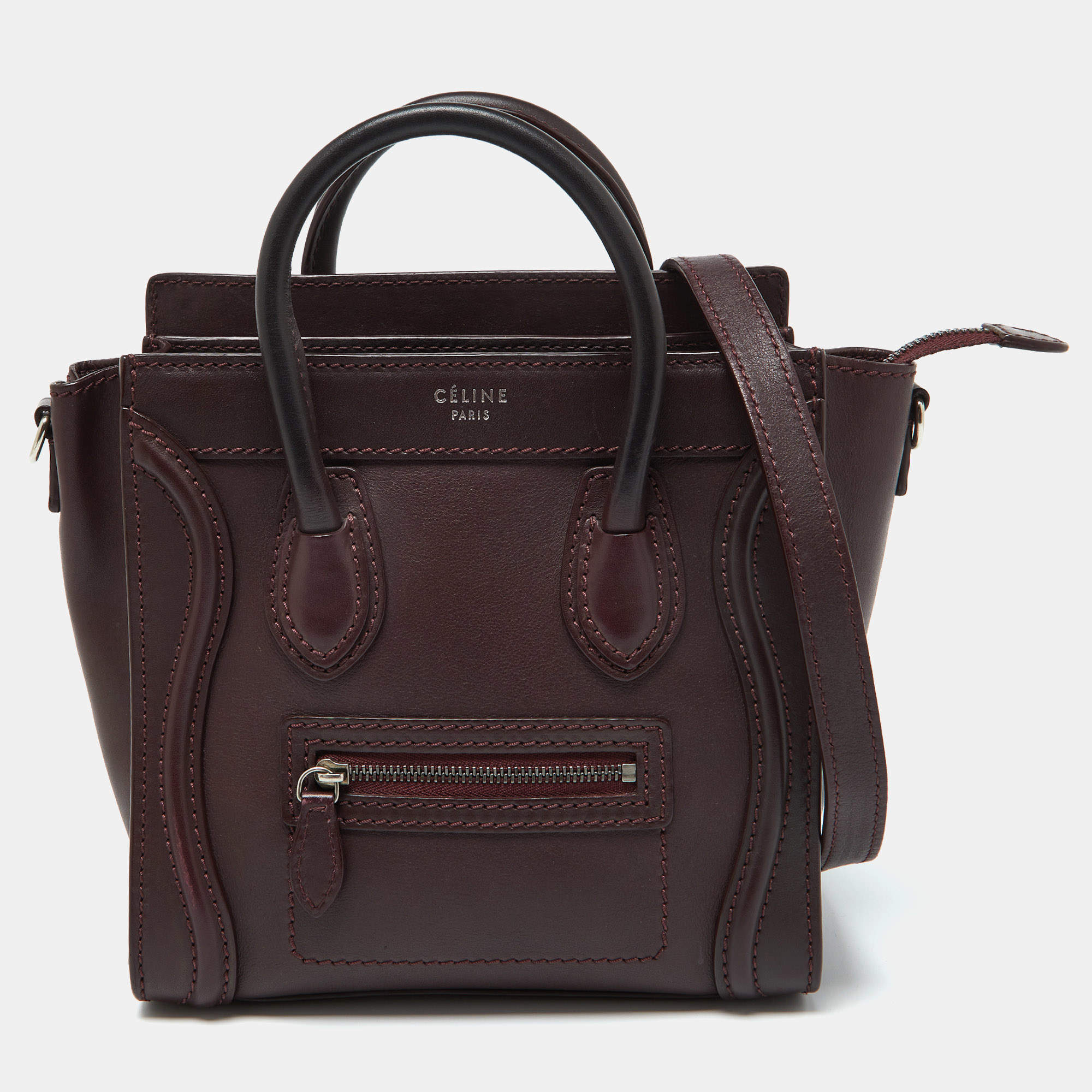 Pre Owned Celine Burgundy Leather Nano Luggage Tote