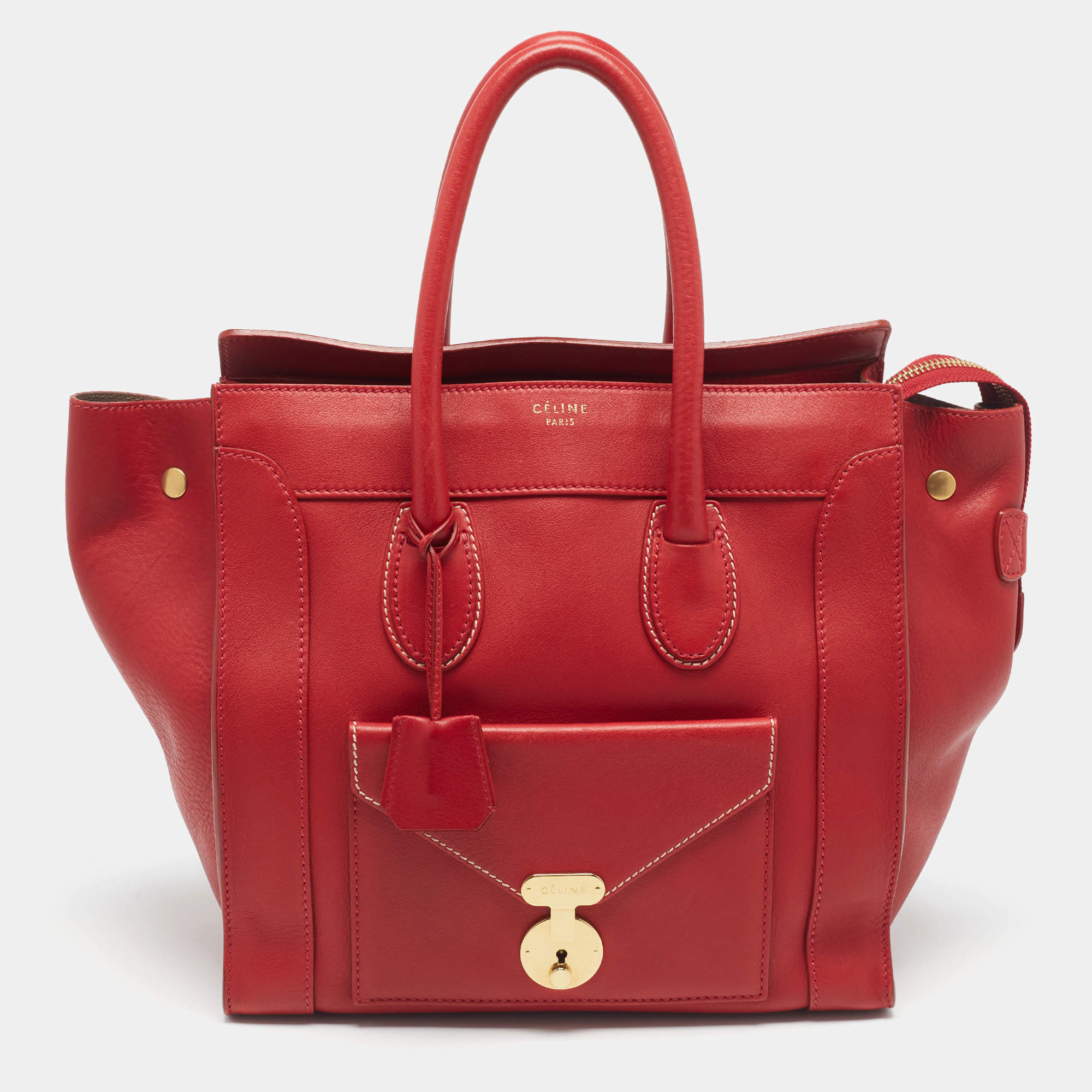 Celine Red Leather Envelope Luggage Tote