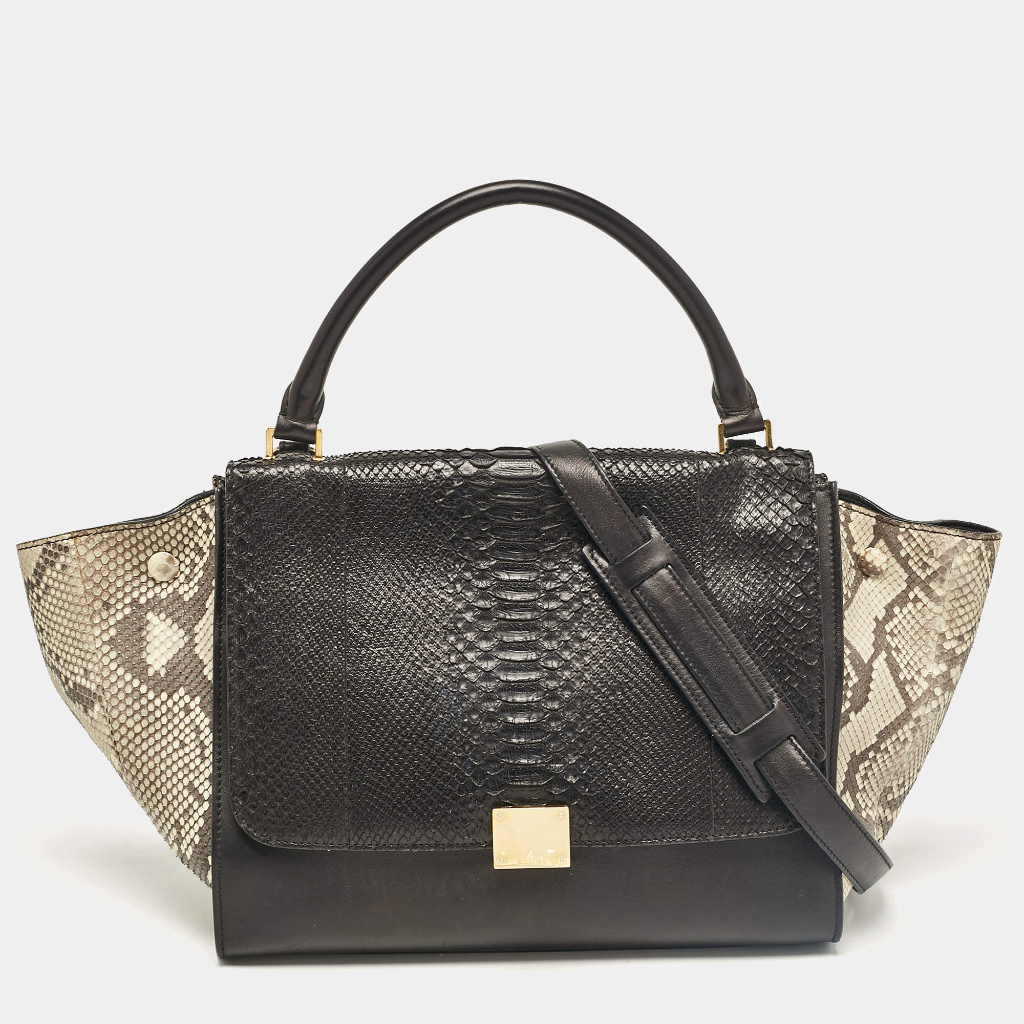 Pre Owned Celine Black/Beige Python and Leather Medium Trapeze Top Handle Bag