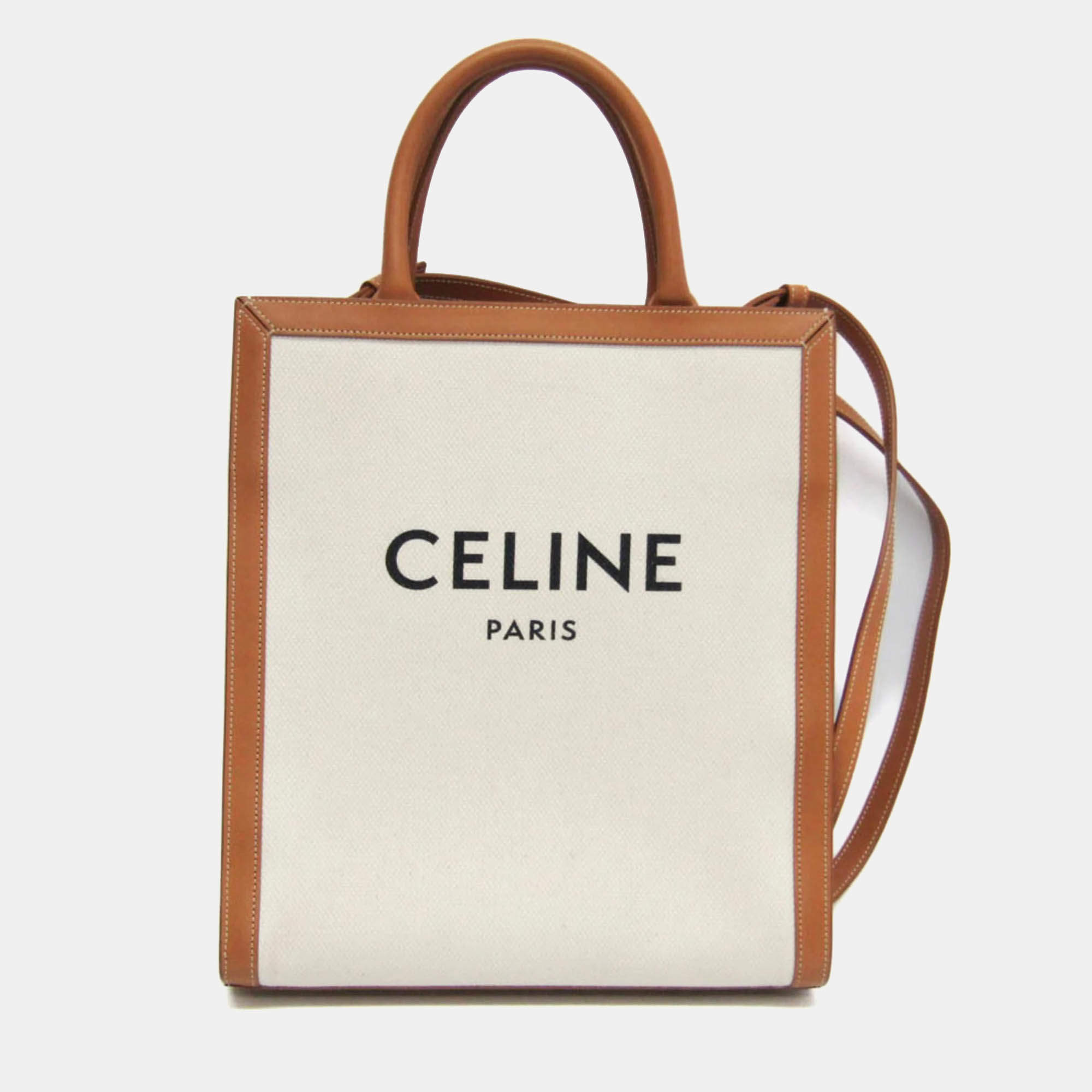 Celine Camel/Off-White Leather and Canvas Vertical Cabas Tote Bag