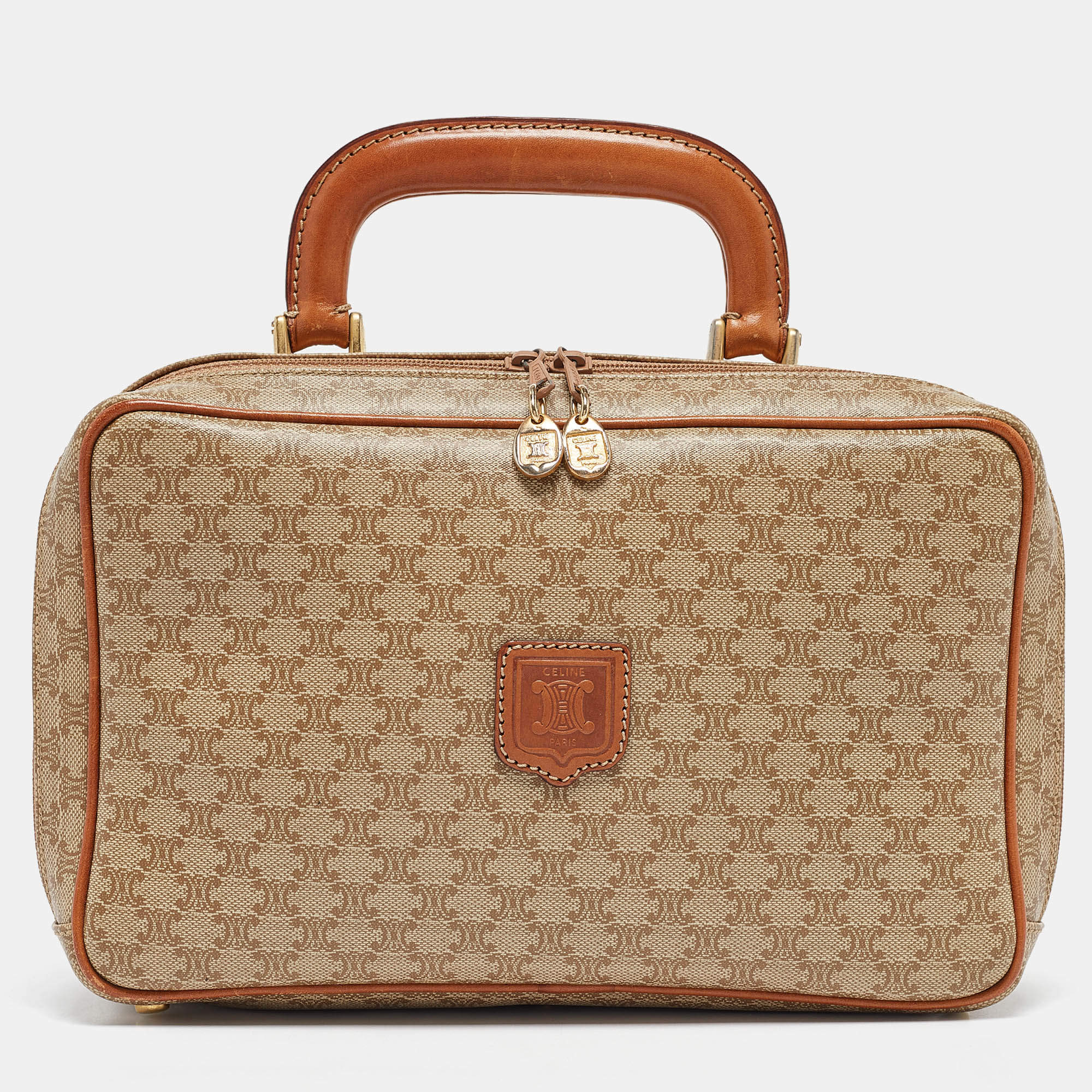 Pre Owned Celine Tan/Beige Macadam Coated Canvas Top Handle Bag