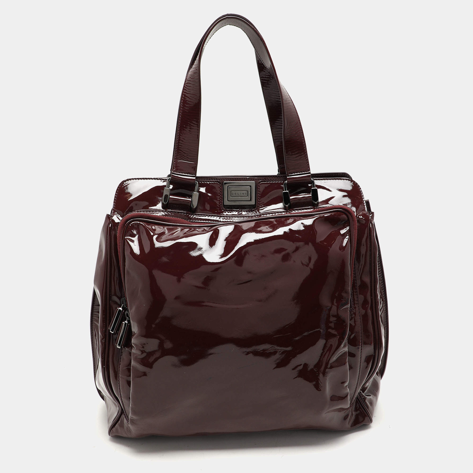 Pre Owned Celine Burgundy Patent Leather Front Pocket Satchel