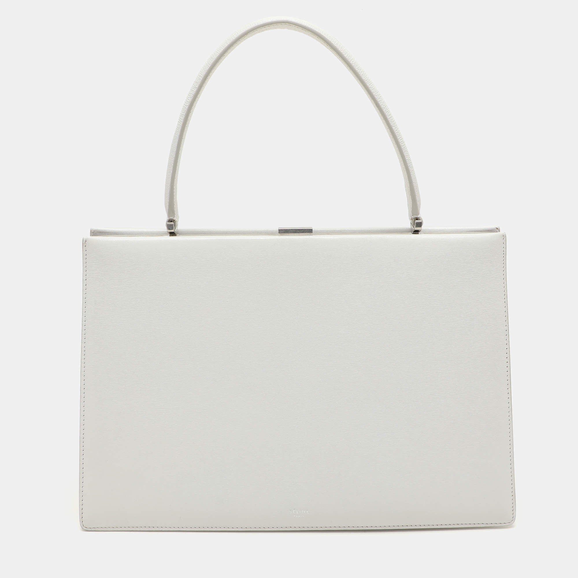 Pre Owned Celine White Leather Medium Clasp Top Handle Bag