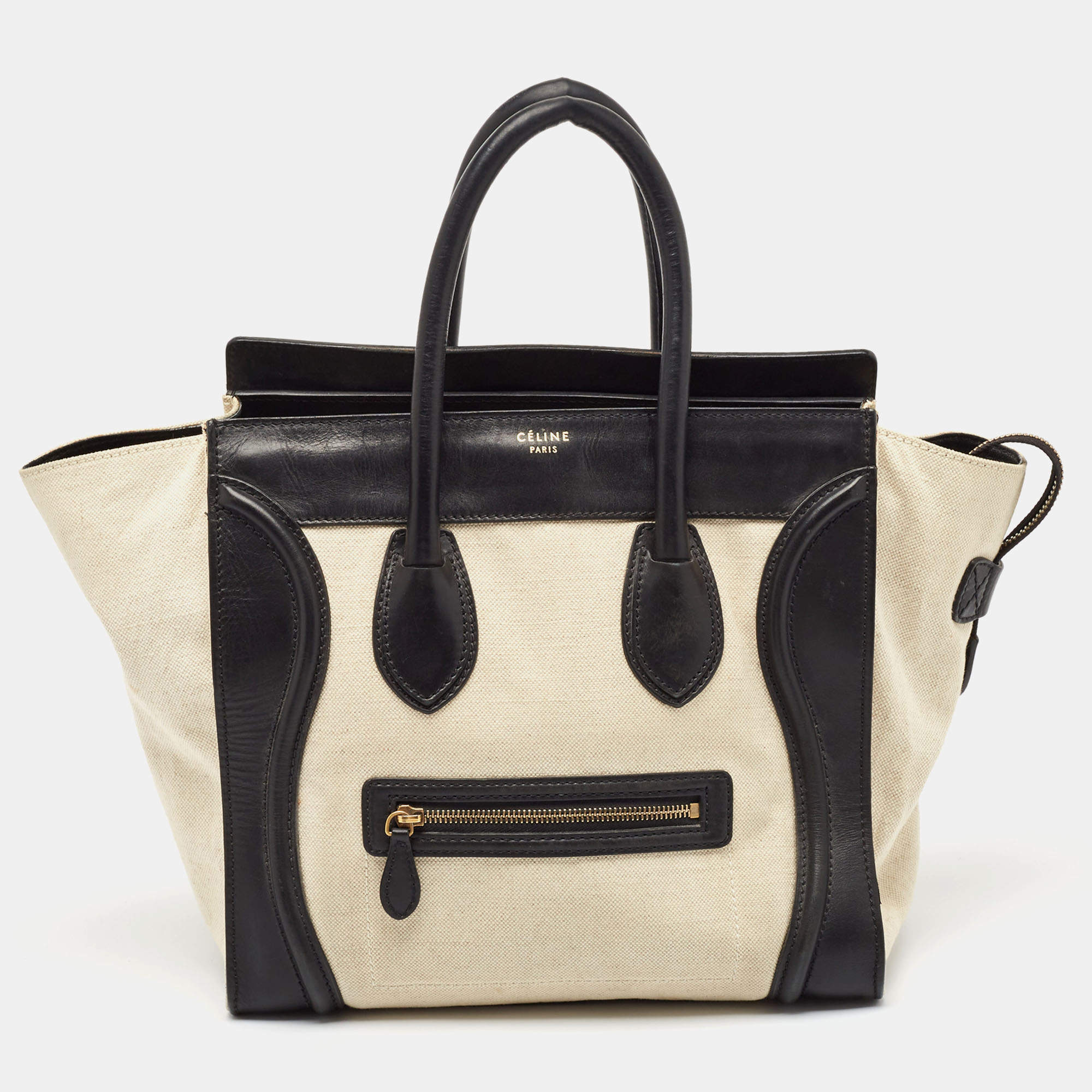 Pre Owned Celine Black/Off-White Canvas and Leather Mini Luggage Tote