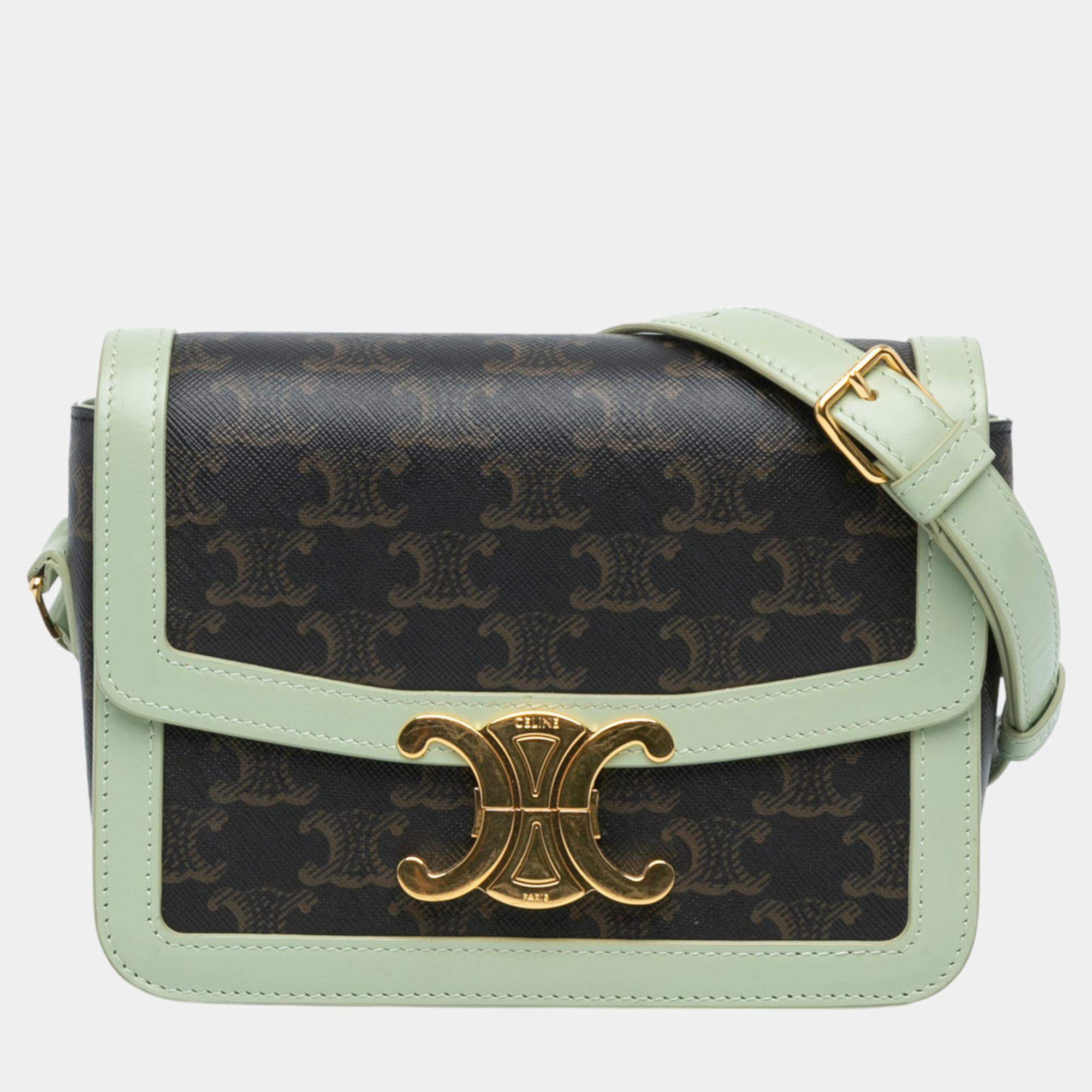 Celine Brown/Green Teen Triomphe Coated Canvas Crossbody