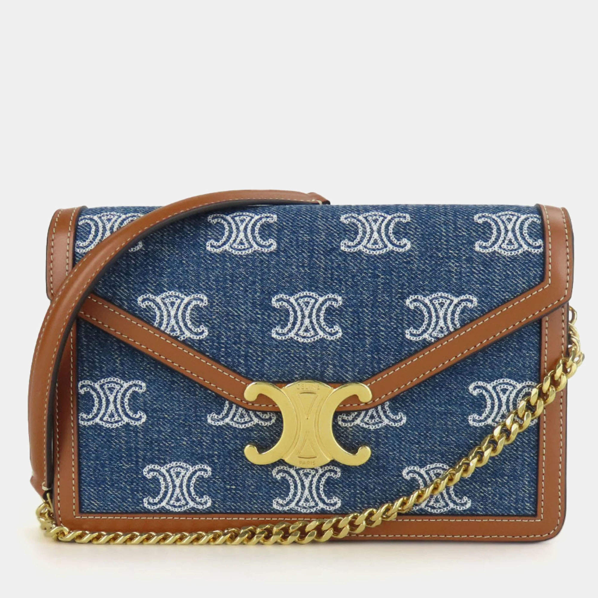 Celine Denim Leather Navy Tan Margot Triomphe Chain Wallet bag
