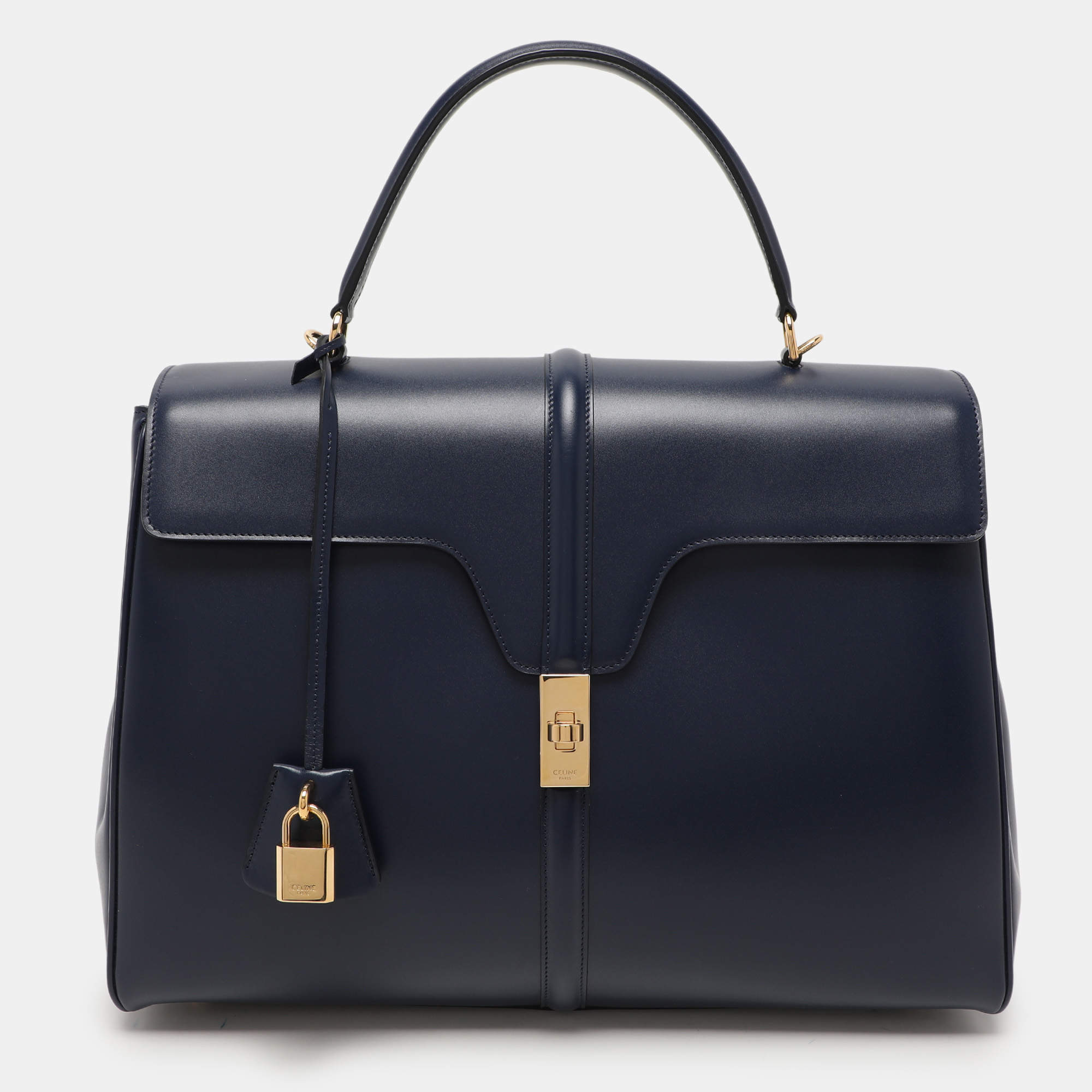 Celine Dark Blue Leather Large Classique 16 Top Handle Bag
