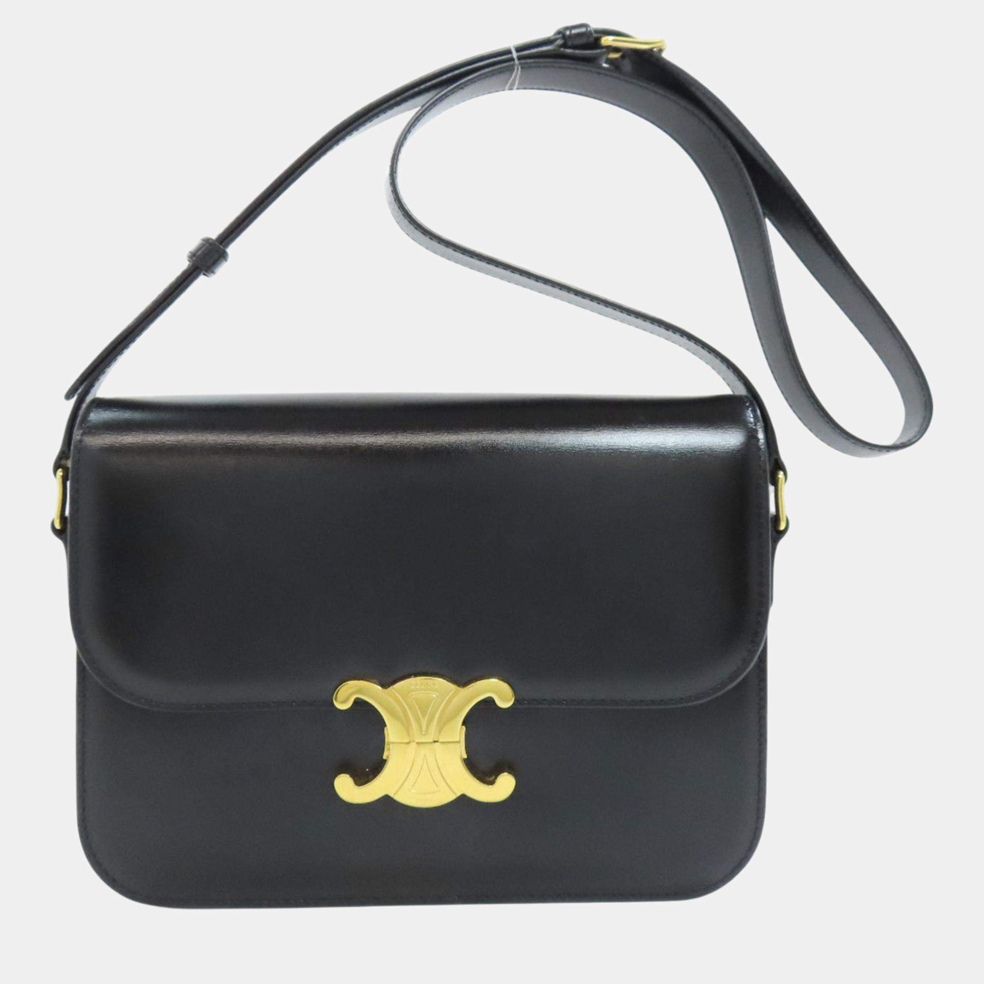 Celine Black Calfskin Leather Triomphe Shoulder Bag