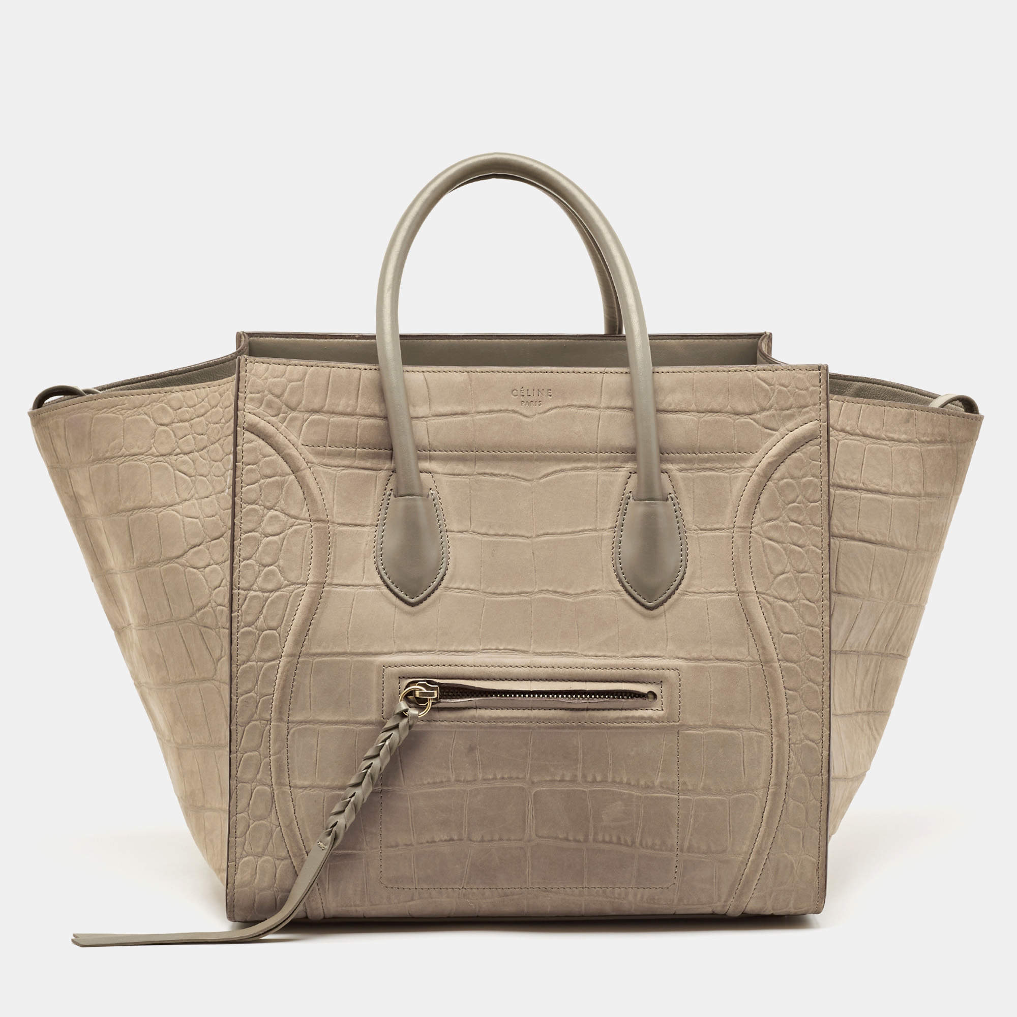 Pre Owned Celine Beige Croc Embossed Nubuck Leather Medium Phantom Luggage Tote