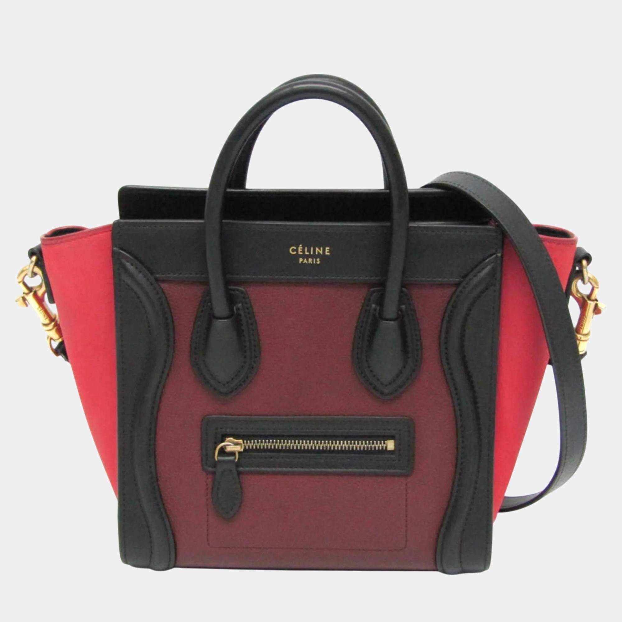 Celine Black Bordeaux Pink Luggage Leather Nano Shopper Handbag 