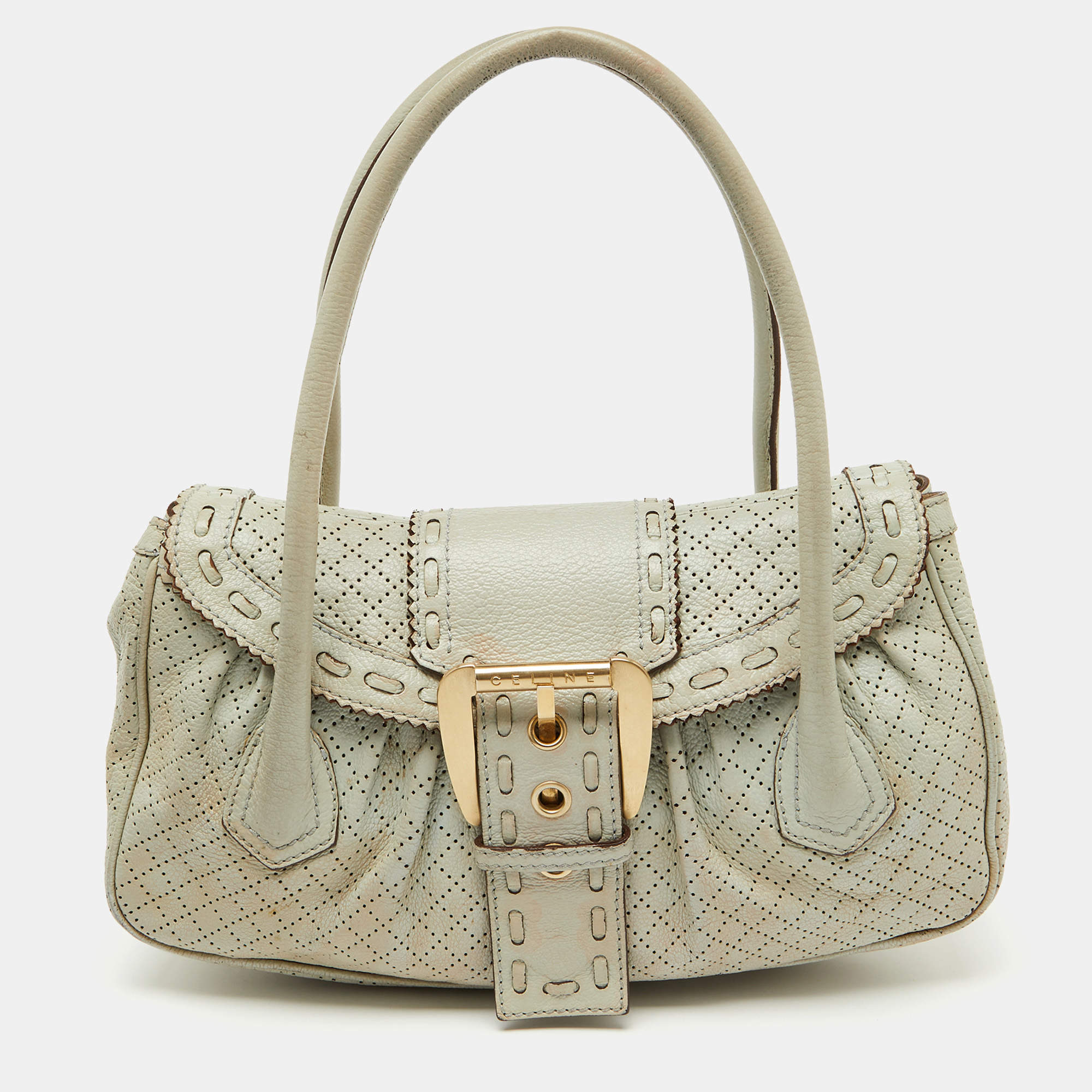 Celine Light Grey Perforated Leather Buckle Detail Satchel