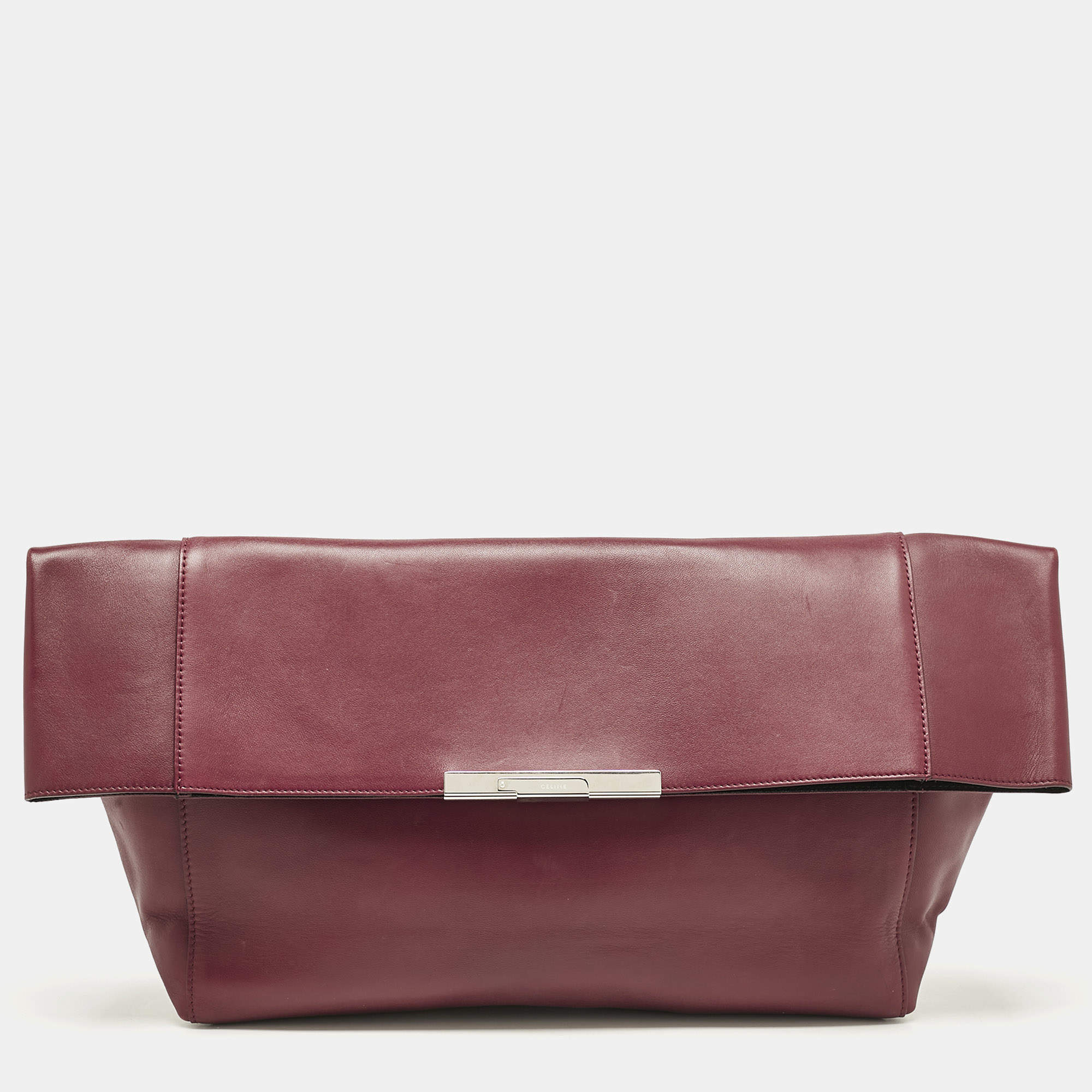 Celine Burgundy Leather Cabas Fold Over Clutch