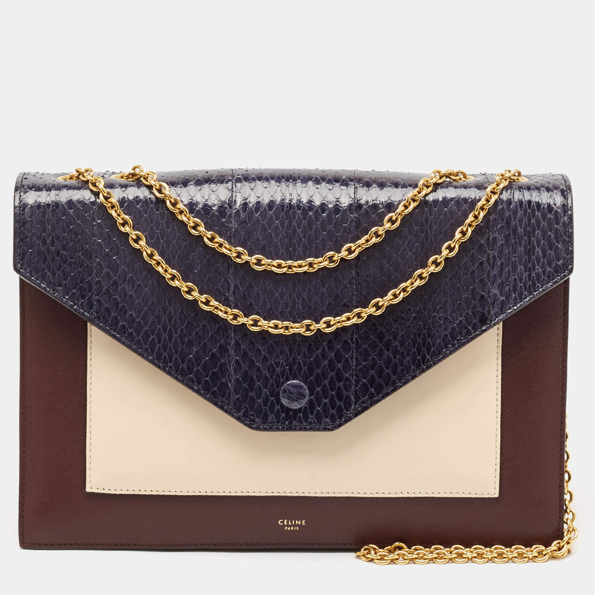 Celine Tricolor Leather and Python Pocket Envelope Shoulder Bag