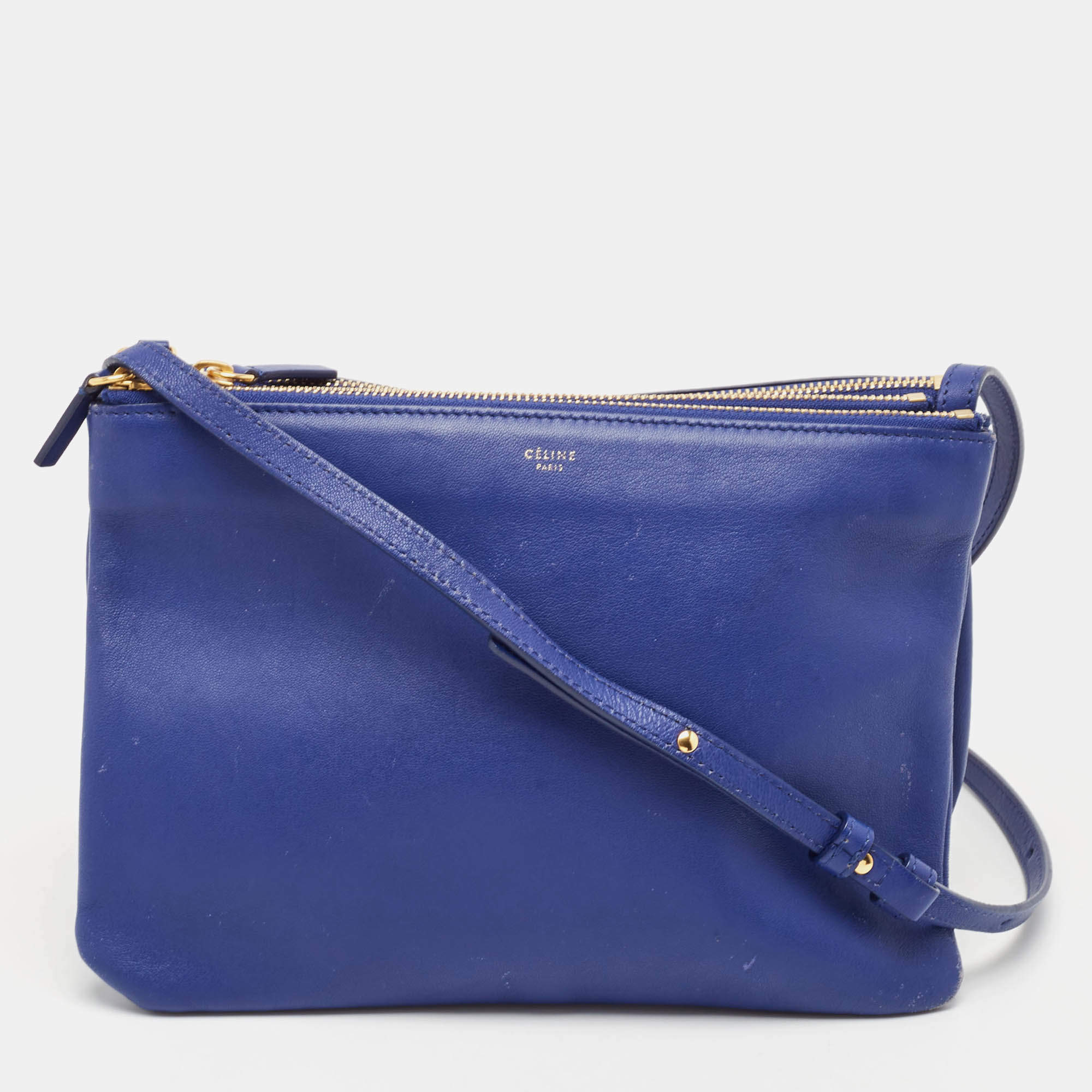 Pre Owned Celine Blue Leather Large Trio Zip Crossbody Bag