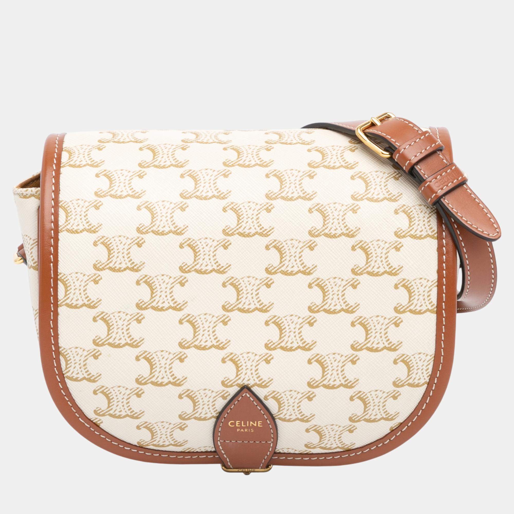 Celine White Coated Canvas Medium Triomphe Folco Crossbody Bag