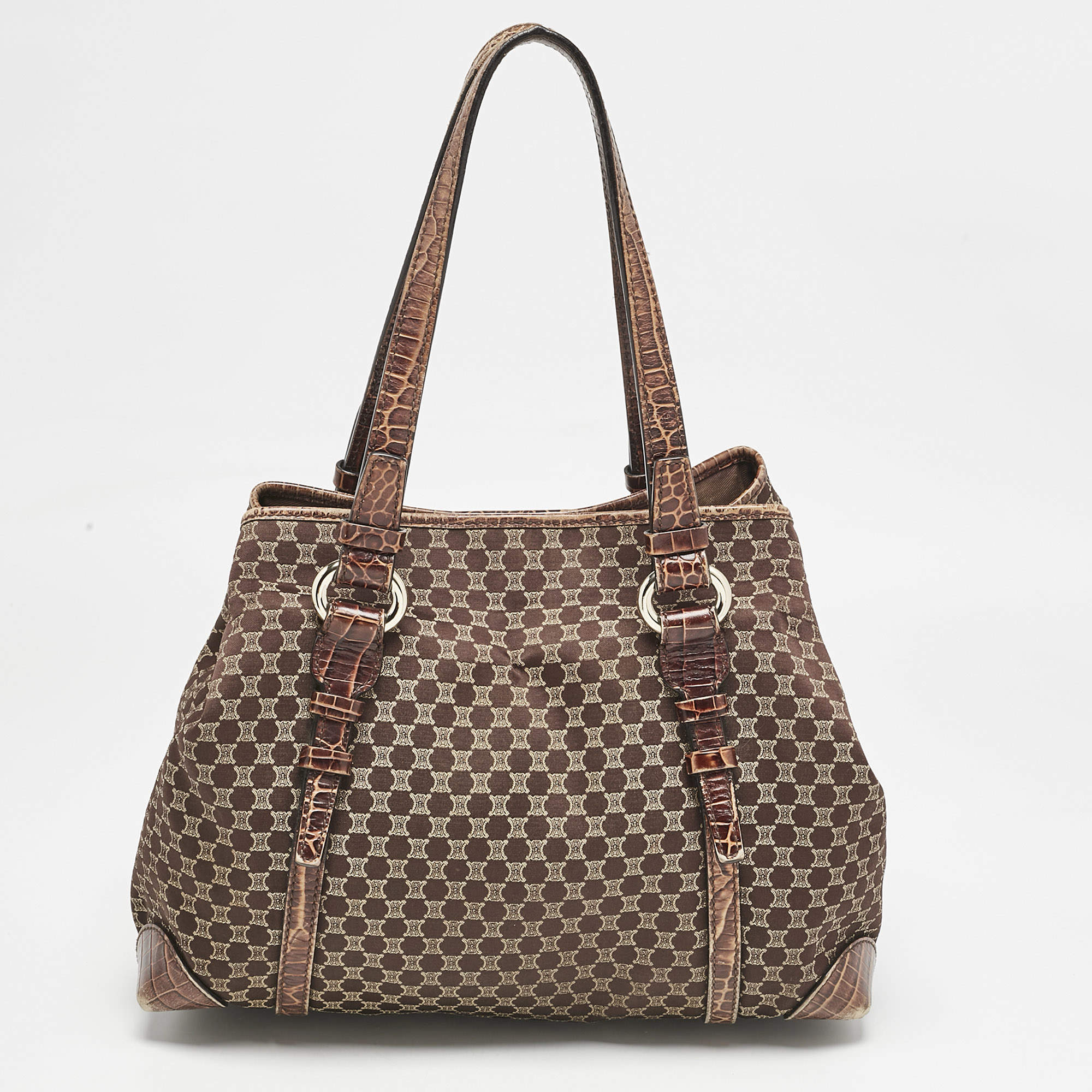 Pre Owned Celine Dark Brown Macadam Fabric and Croc Embossed Leather Tote